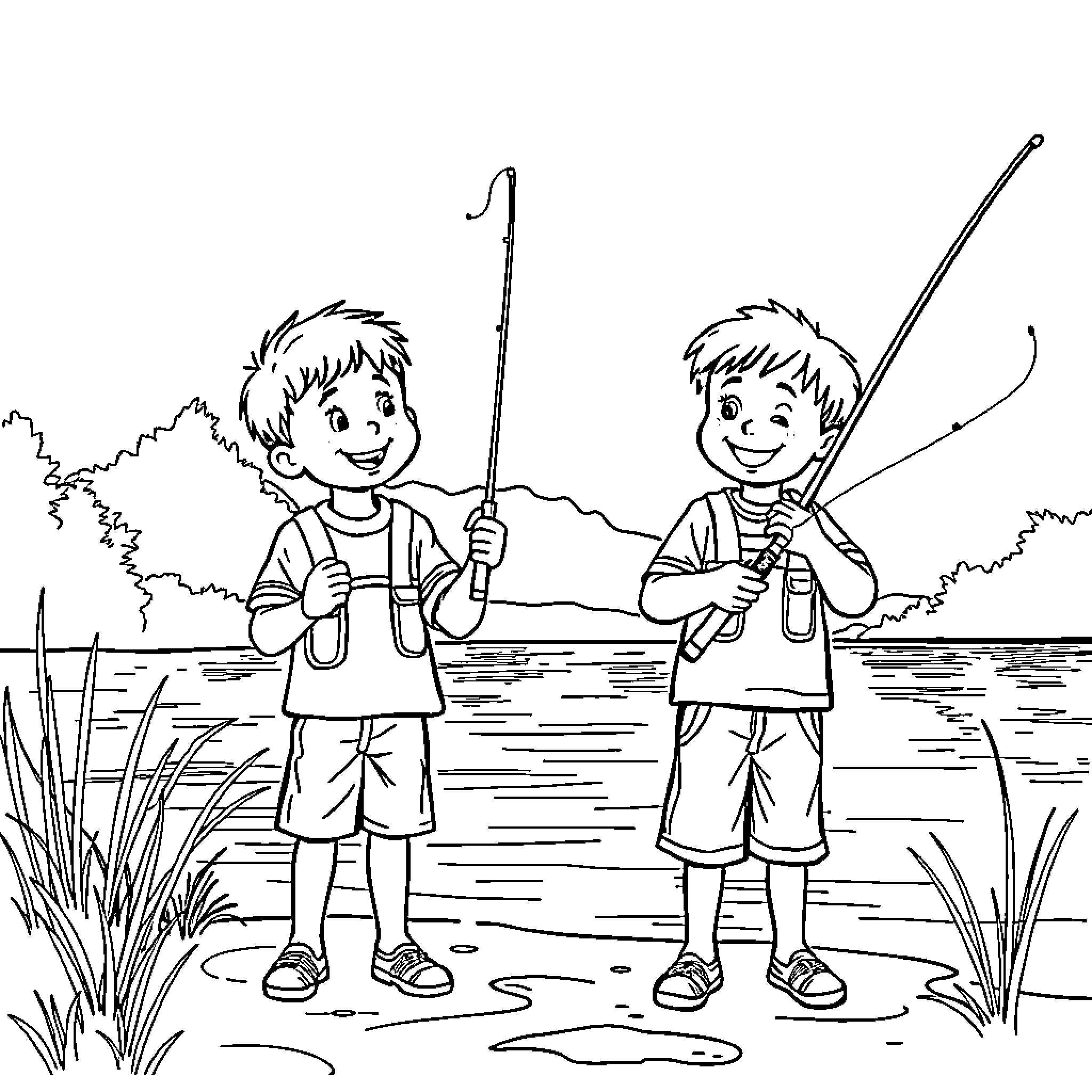 Boy Fishing with Friend by the Lake Coloring Page (free black-and-white line drawing printable PDF for all, from beginners to advanced learners, including children, teens, adults, and seniors)