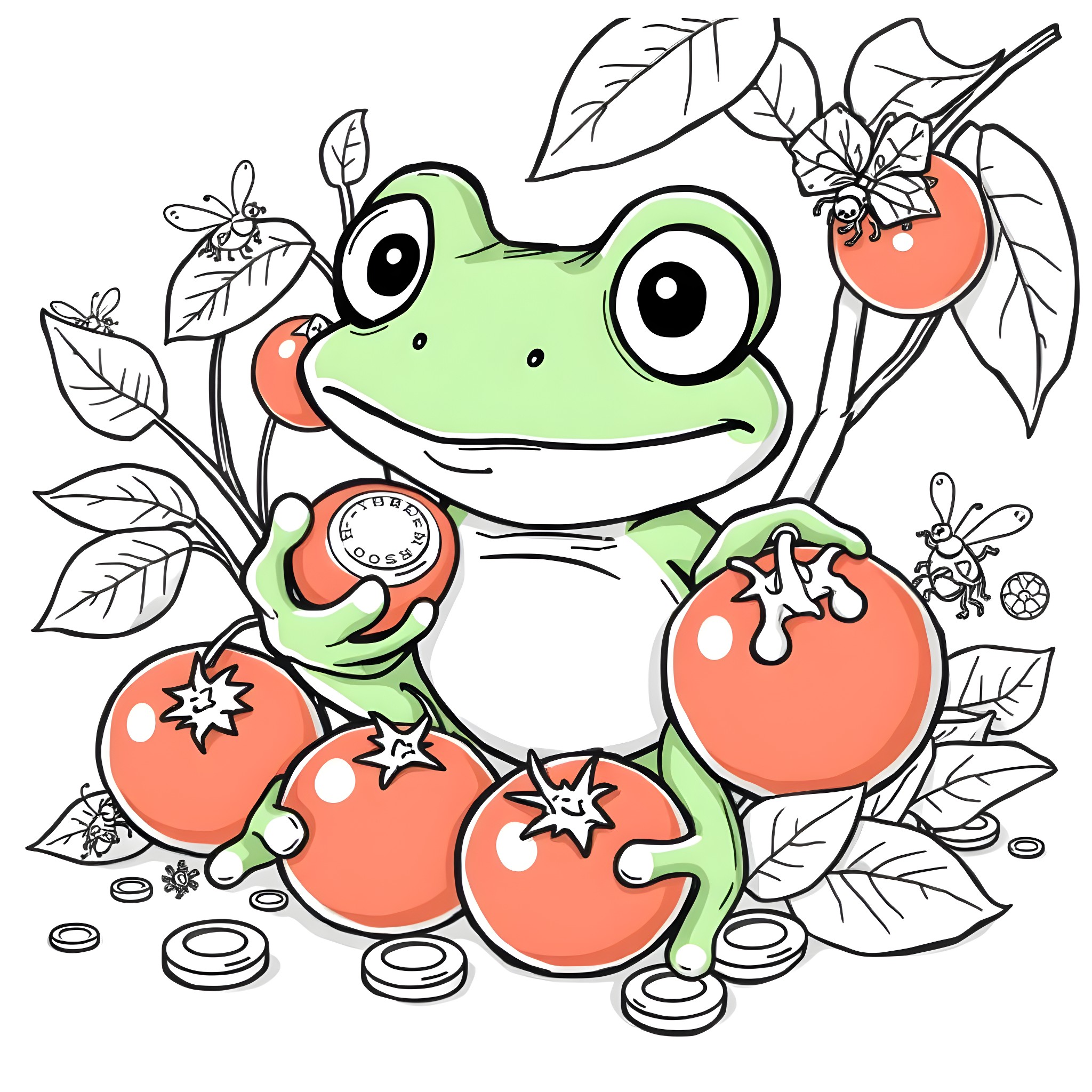Frog surrounded by playful nature elements Coloring Page (free black-and-white line drawing printable PDF for all, from beginners to advanced learners, including children, teens, adults, and seniors)
