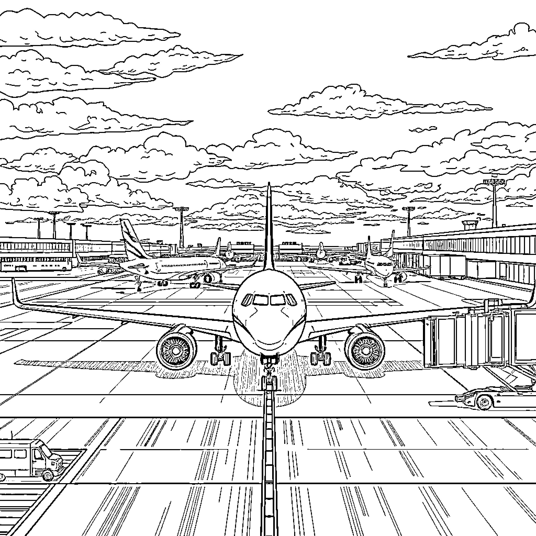Airplane taking off from the busy airport runway Coloring Page (free black-and-white line drawing printable PDF for all, from beginners to advanced learners, including children, teens, adults, and seniors)