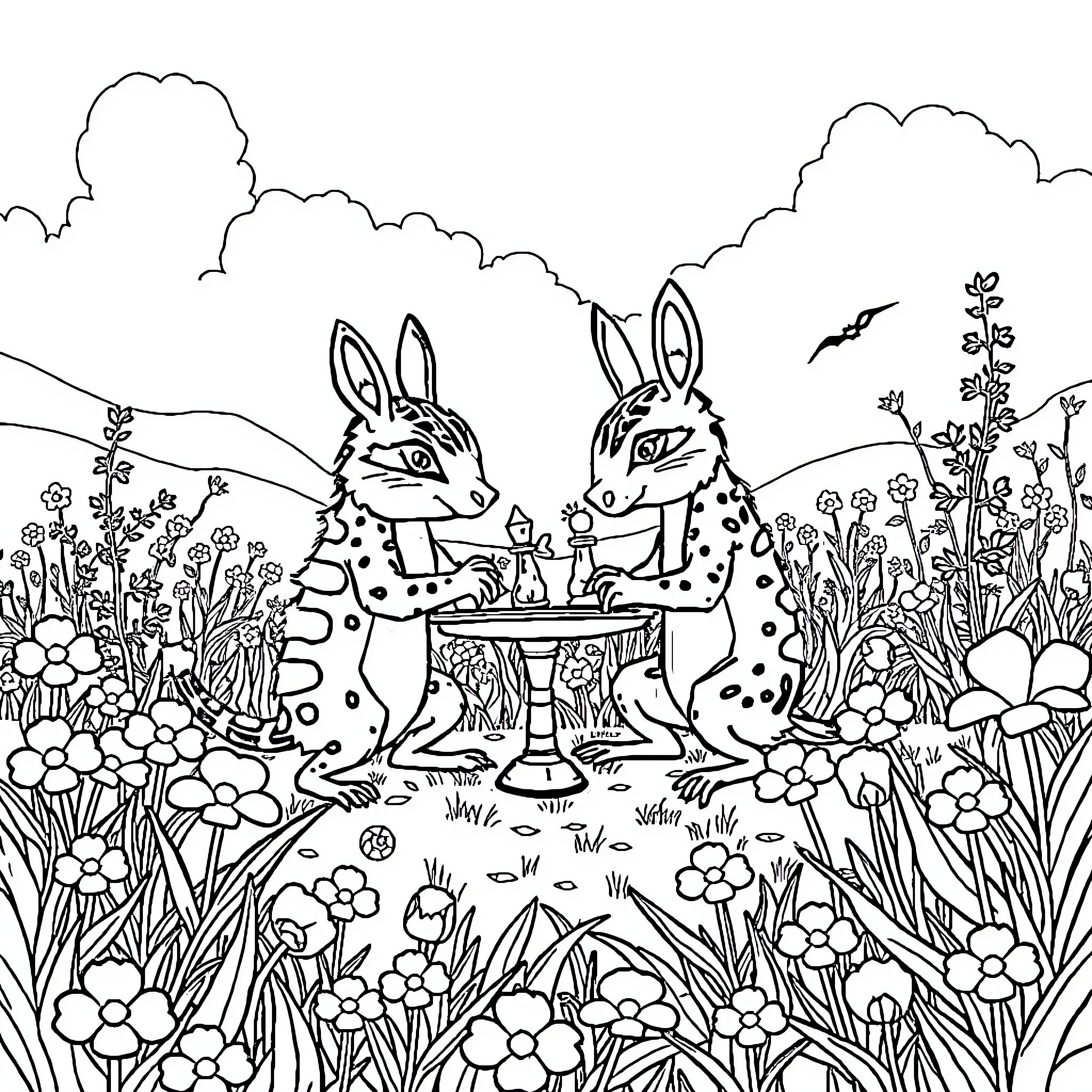 Cerditos enjoying a picnic in the garden Coloring Page (free black-and-white line drawing printable PDF for all, from beginners to advanced learners, including children, teens, adults, and seniors)