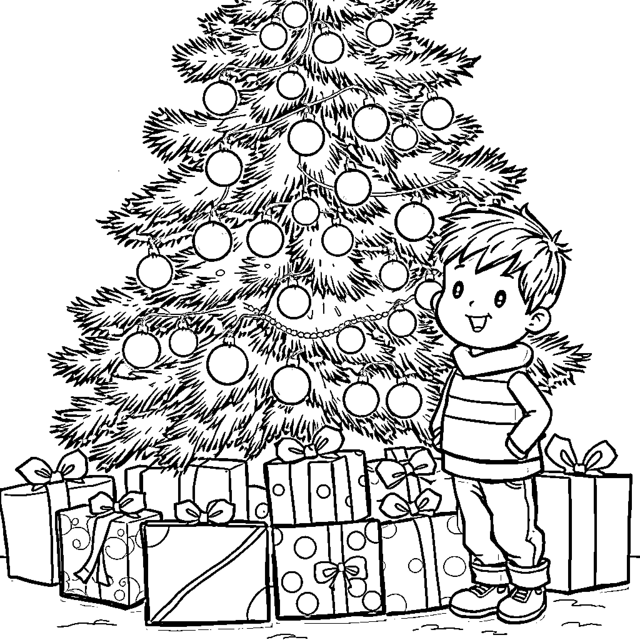 Christmas Tree with a Smiling Child and Presents Coloring Page (free black-and-white line drawing printable PDF for all, from beginners to advanced learners, including children, teens, adults, and seniors)