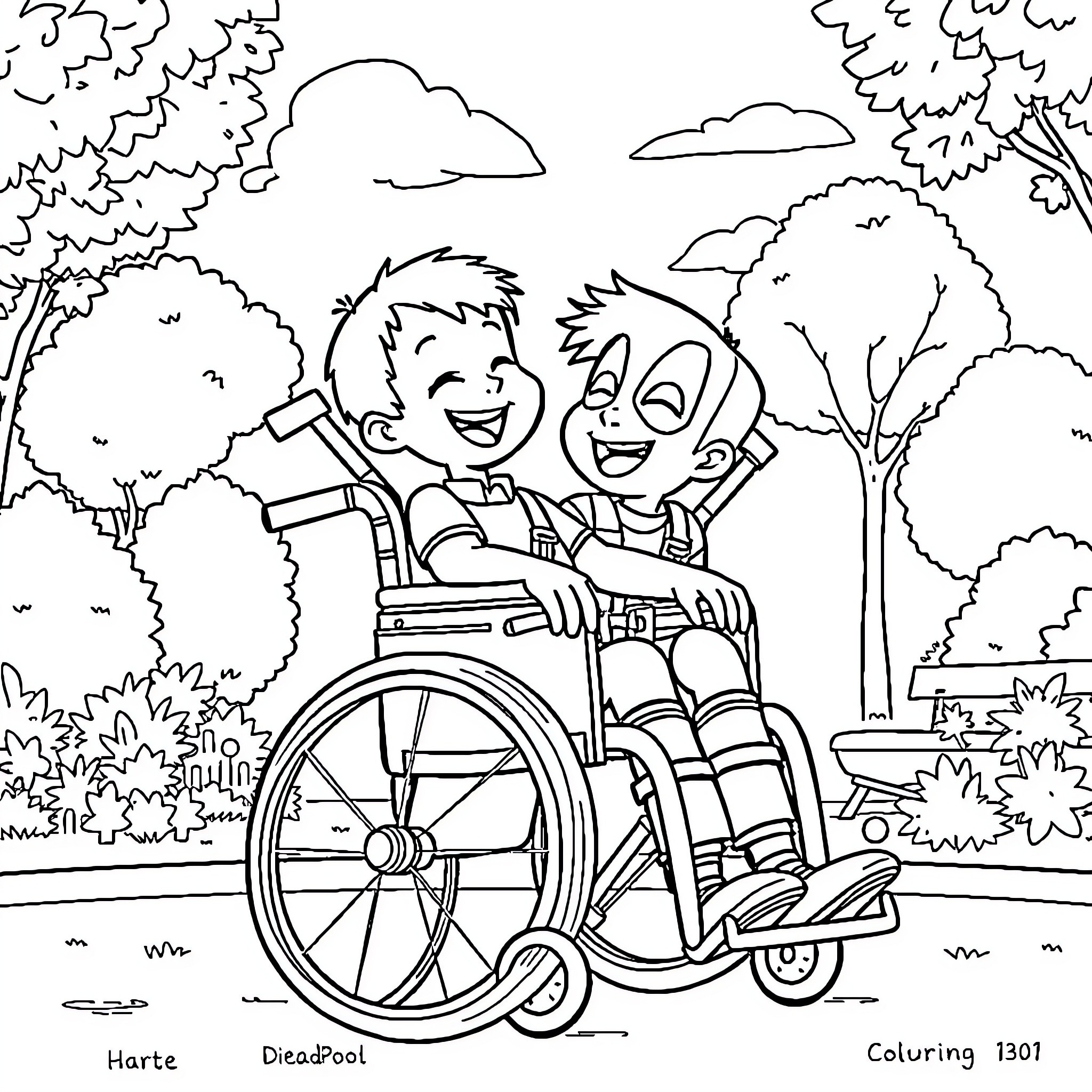 Boy Helping Friend in Wheelchair Outdoors Coloring Page (free black-and-white line drawing printable PDF for all, from beginners to advanced learners, including children, teens, adults, and seniors)