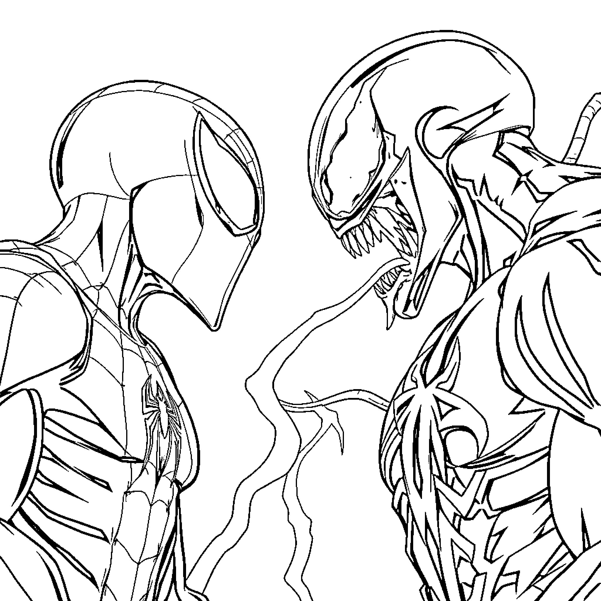Spiderman facing off against a menacing villain Coloring Page (free black-and-white line drawing printable PDF for all, from beginners to advanced learners, including children, teens, adults, and seniors)