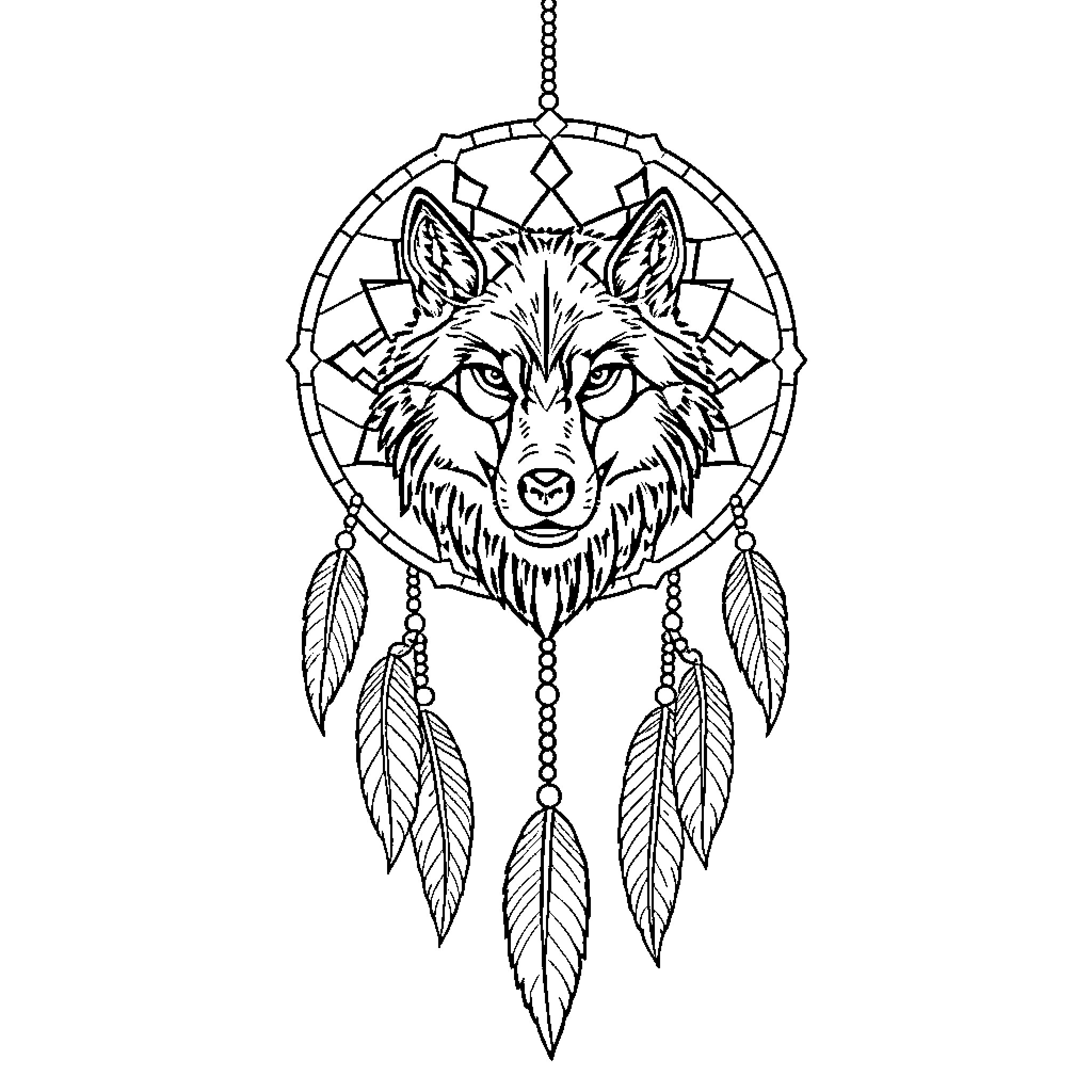 Dream Catcher with Majestic Wolf Face Coloring Page (free black-and-white line drawing printable PDF for all, from beginners to advanced learners, including children, teens, adults, and seniors)