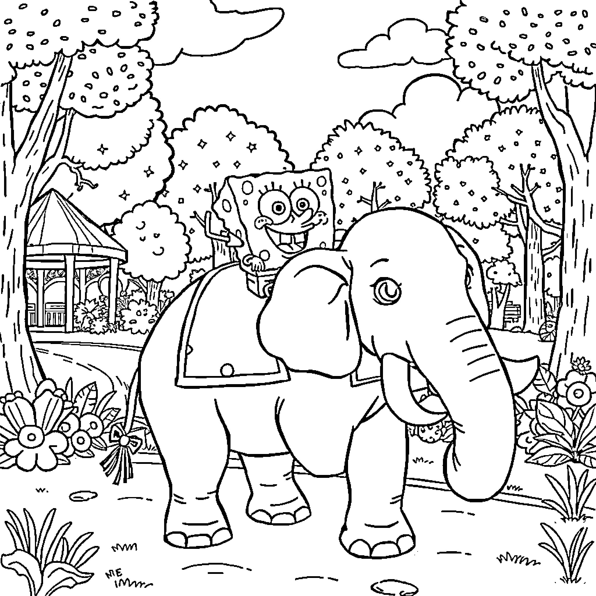 Spongebob Enjoying Nature with Elephant Coloring Page (free black-and-white line drawing printable PDF for all, from beginners to advanced learners, including children, teens, adults, and seniors)