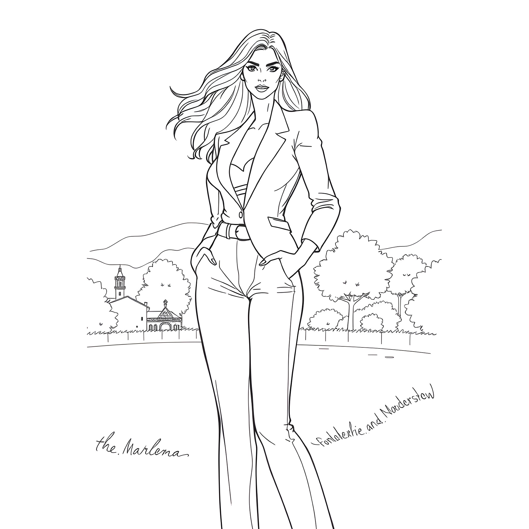 Mommy in elegant fashion with lovely landscape Coloring Page (free black-and-white line drawing printable PDF for all, from beginners to advanced learners, including children, teens, adults, and seniors)