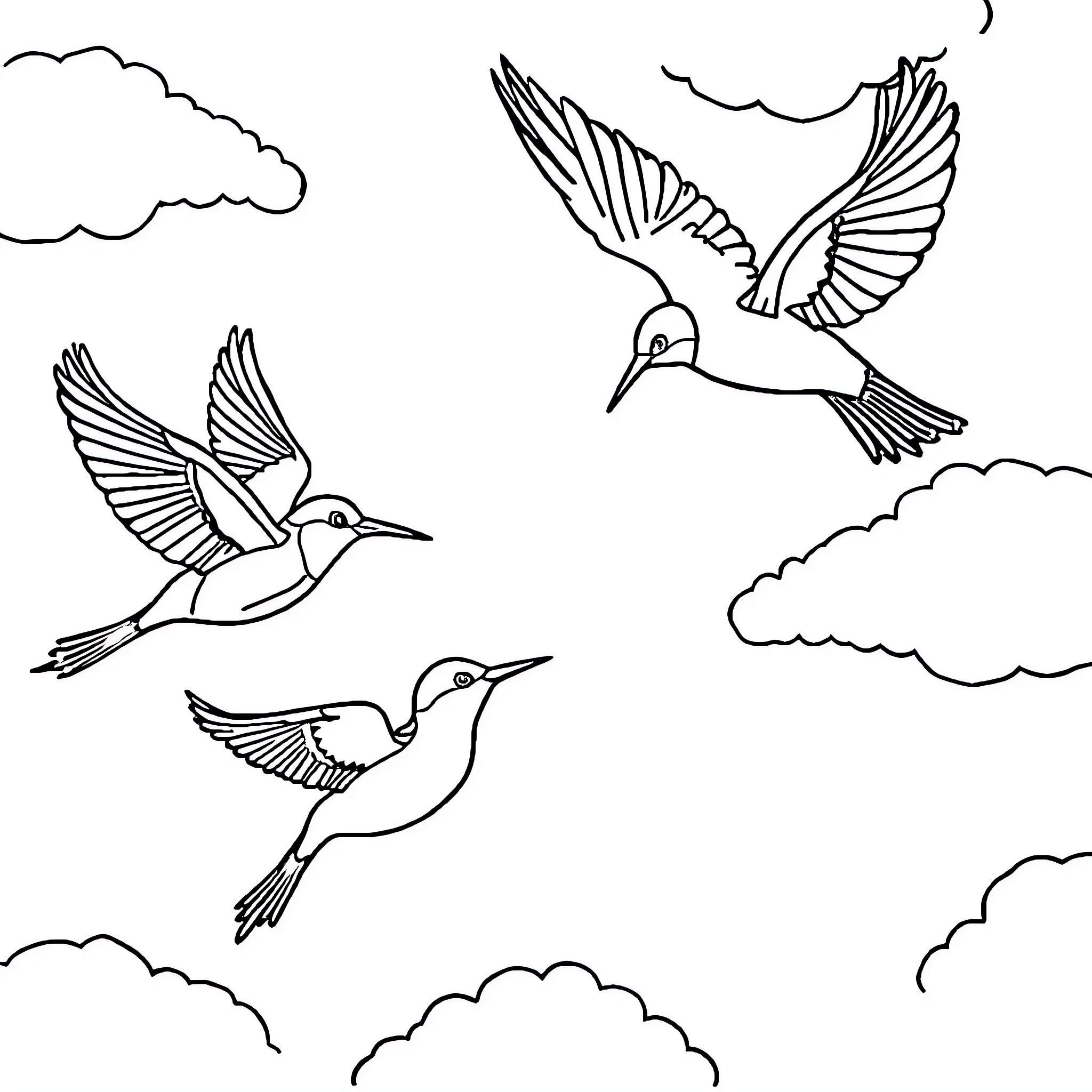Birds soaring gracefully through the clouds Coloring Page (free black-and-white line drawing printable PDF for all, from beginners to advanced learners, including children, teens, adults, and seniors)