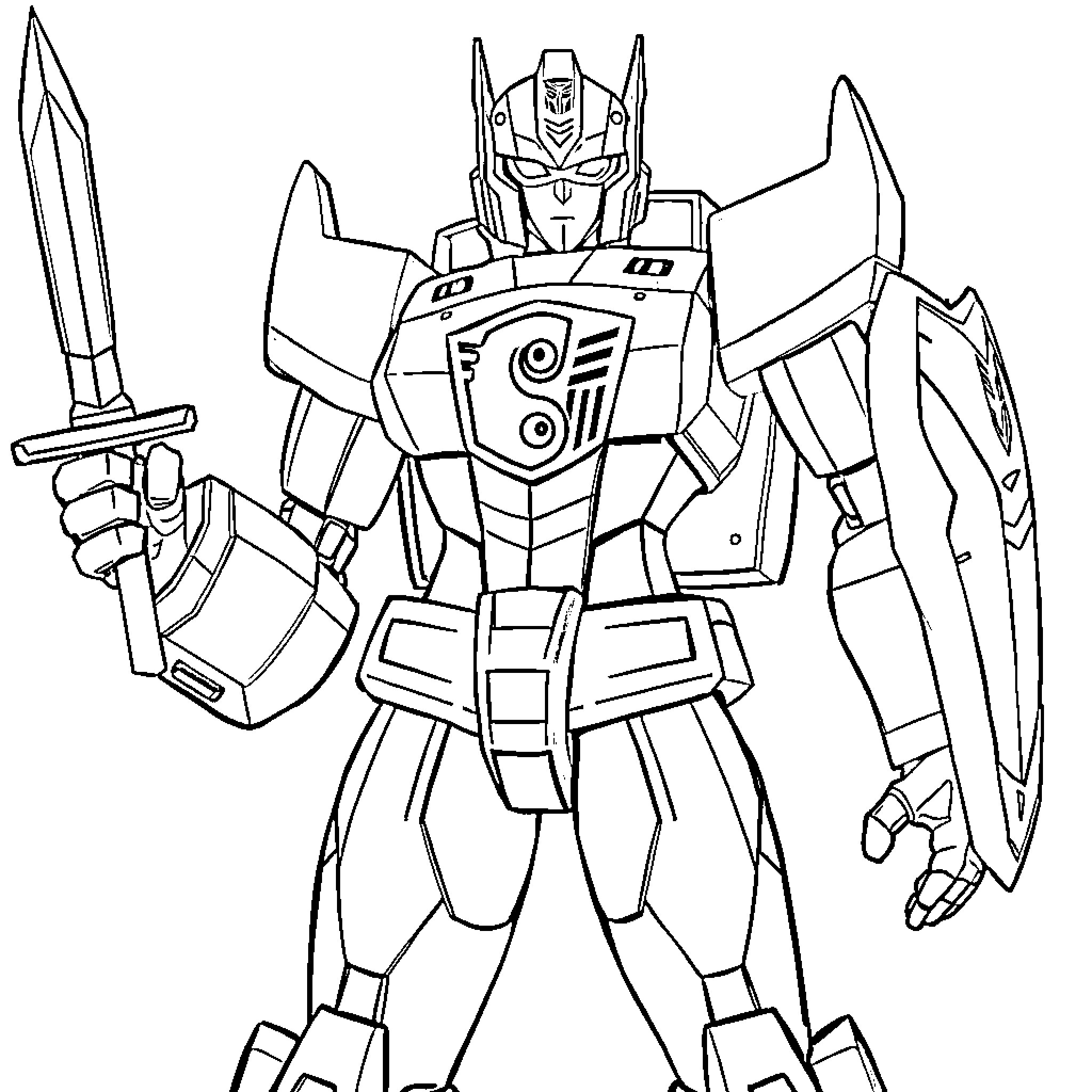 Transformer robot with swords and shield Coloring Page (free black-and-white line drawing printable PDF for all, from beginners to advanced learners, including children, teens, adults, and seniors)