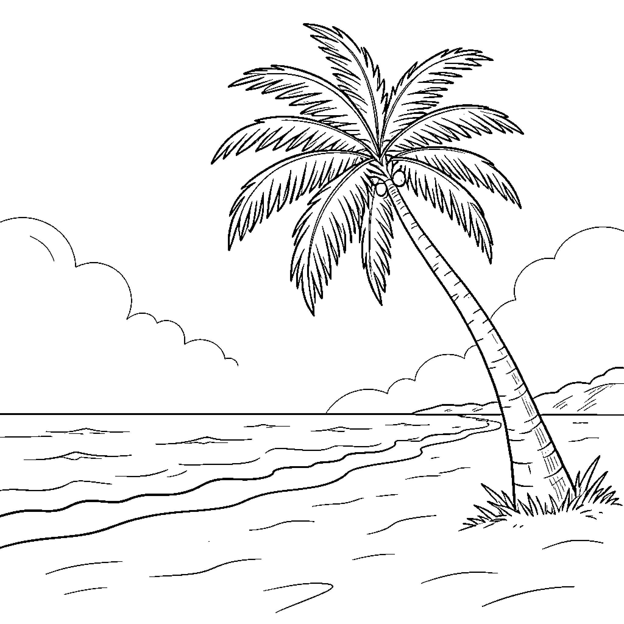 Beach scene with a leaning palm tree and waves Coloring Page (free black-and-white line drawing printable PDF for all, from beginners to advanced learners, including children, teens, adults, and seniors)