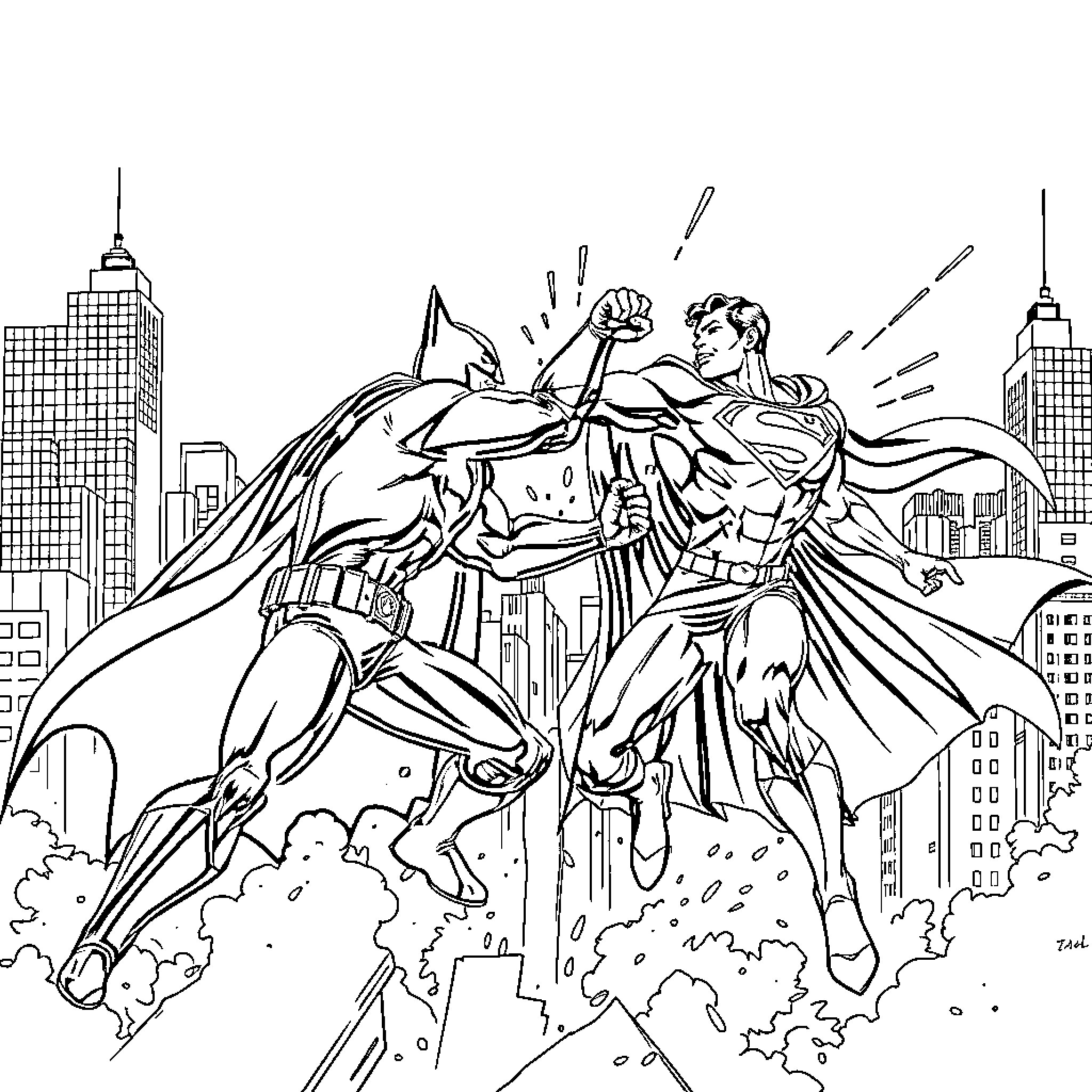 Batman and Superman battling in the city Coloring Page (free black-and-white line drawing printable PDF for all, from beginners to advanced learners, including children, teens, adults, and seniors)