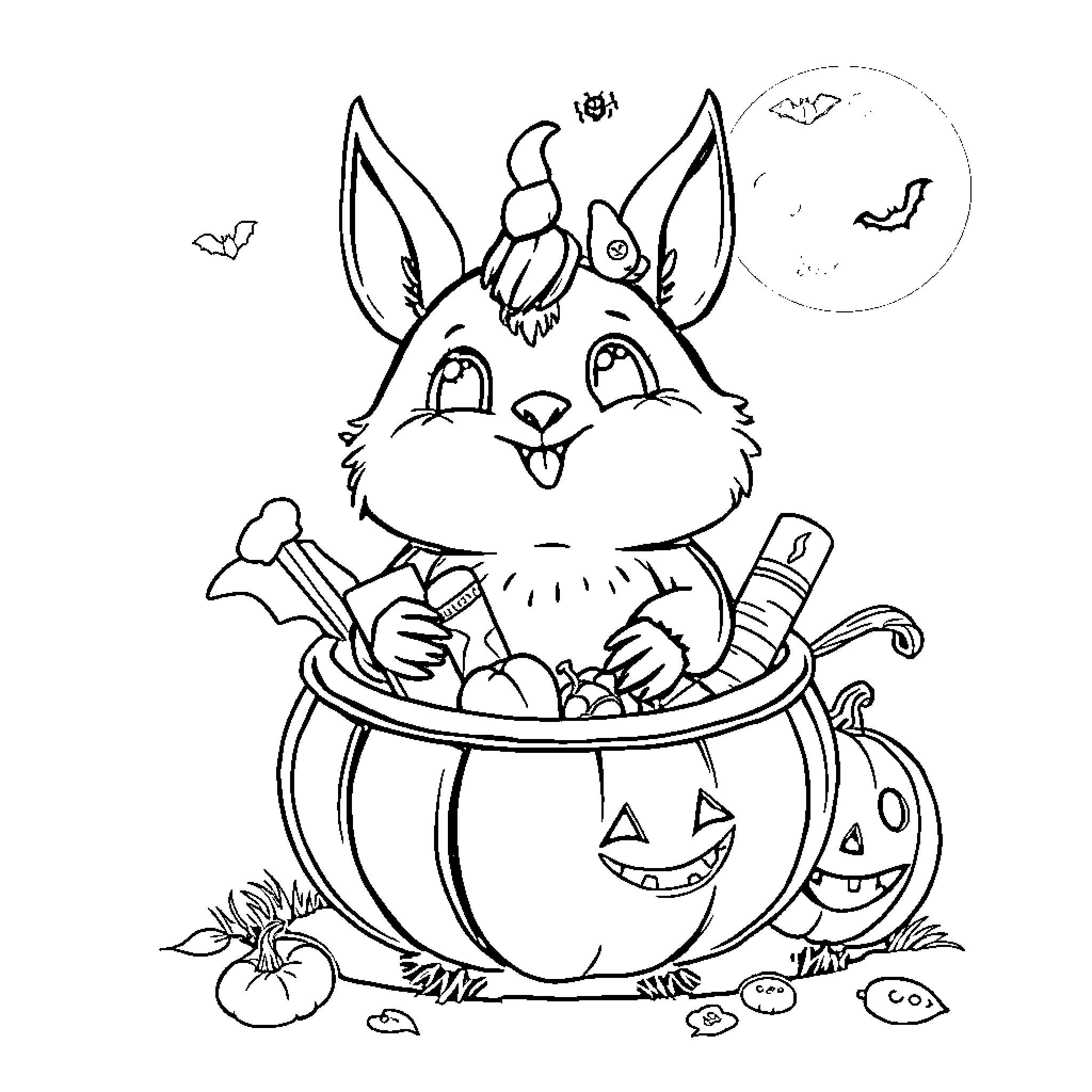 Squirrel in a pumpkin bucket with Halloween decorations Coloring Page (free black-and-white line drawing printable PDF for all, from beginners to advanced learners, including children, teens, adults, and seniors)