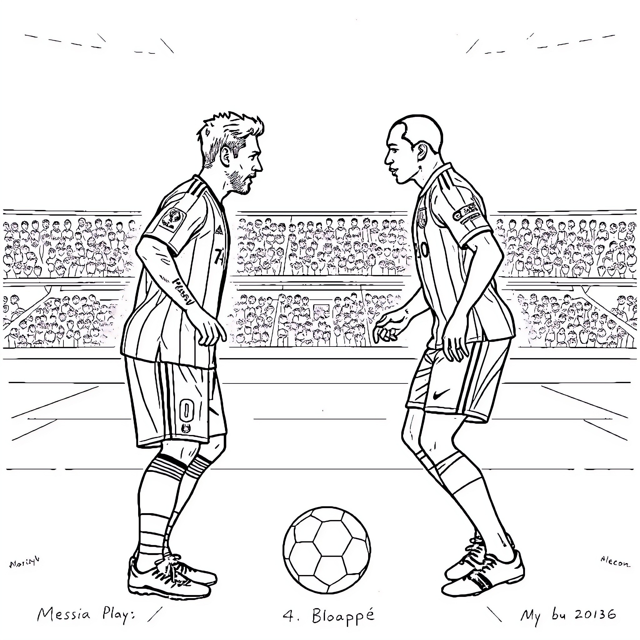 Messi vs Blooppe in football match Coloring Page (free black-and-white line drawing printable PDF for all, from beginners to advanced learners, including children, teens, adults, and seniors)