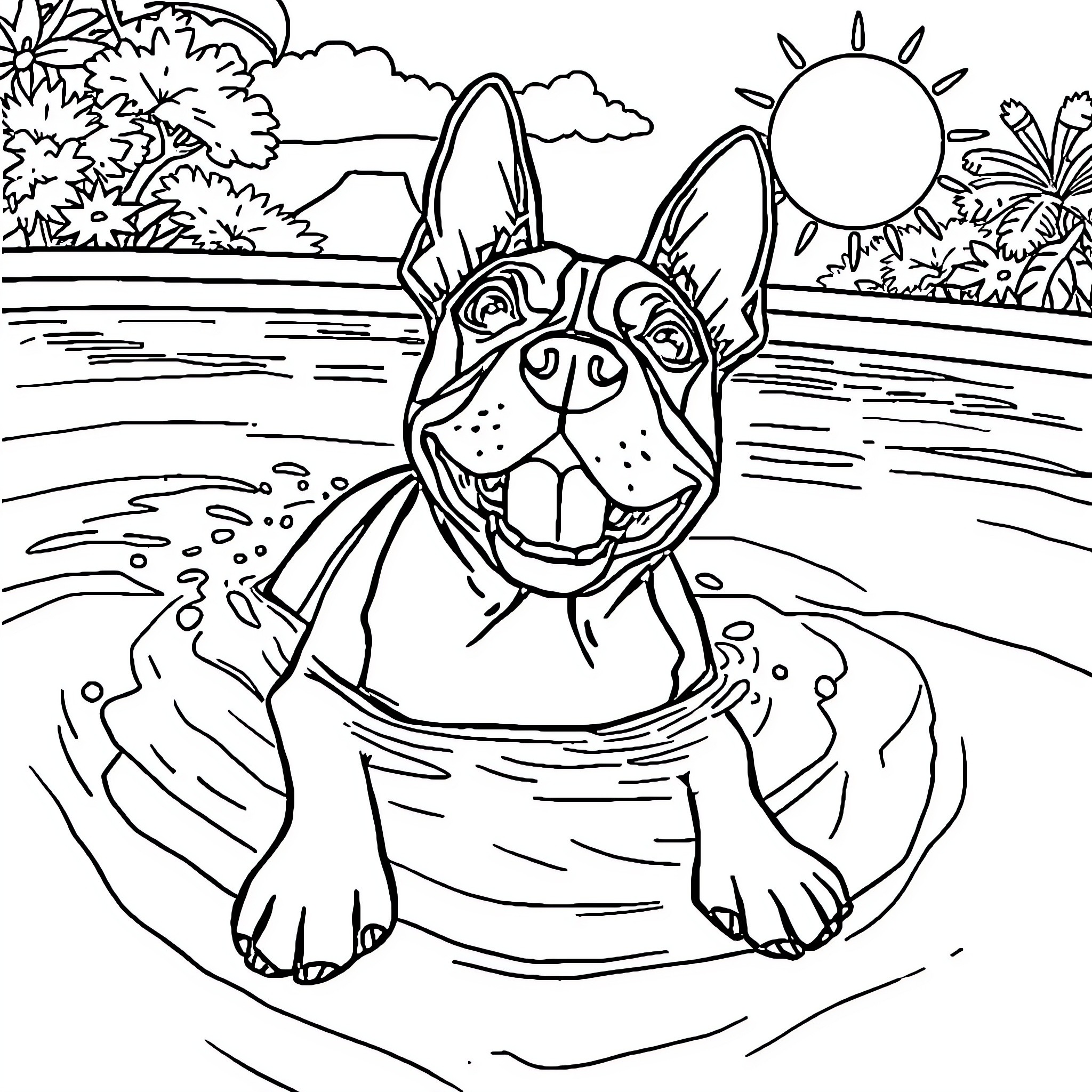 Bull Terrier enjoying a swim in the lake Coloring Page (free black-and-white line drawing printable PDF for all, from beginners to advanced learners, including children, teens, adults, and seniors)