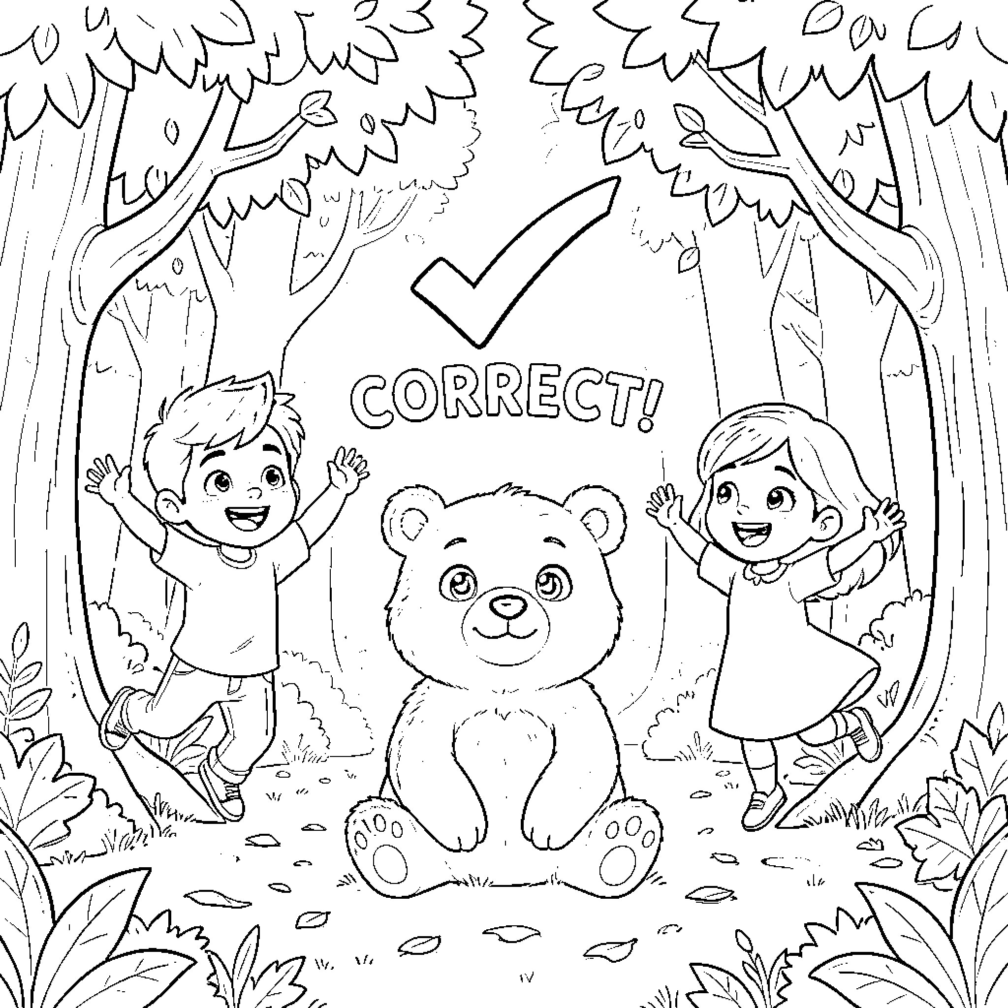 Bear and children celebrate correct answer in the forest Coloring Page (free black-and-white line drawing printable PDF for all, from beginners to advanced learners, including children, teens, adults, and seniors)