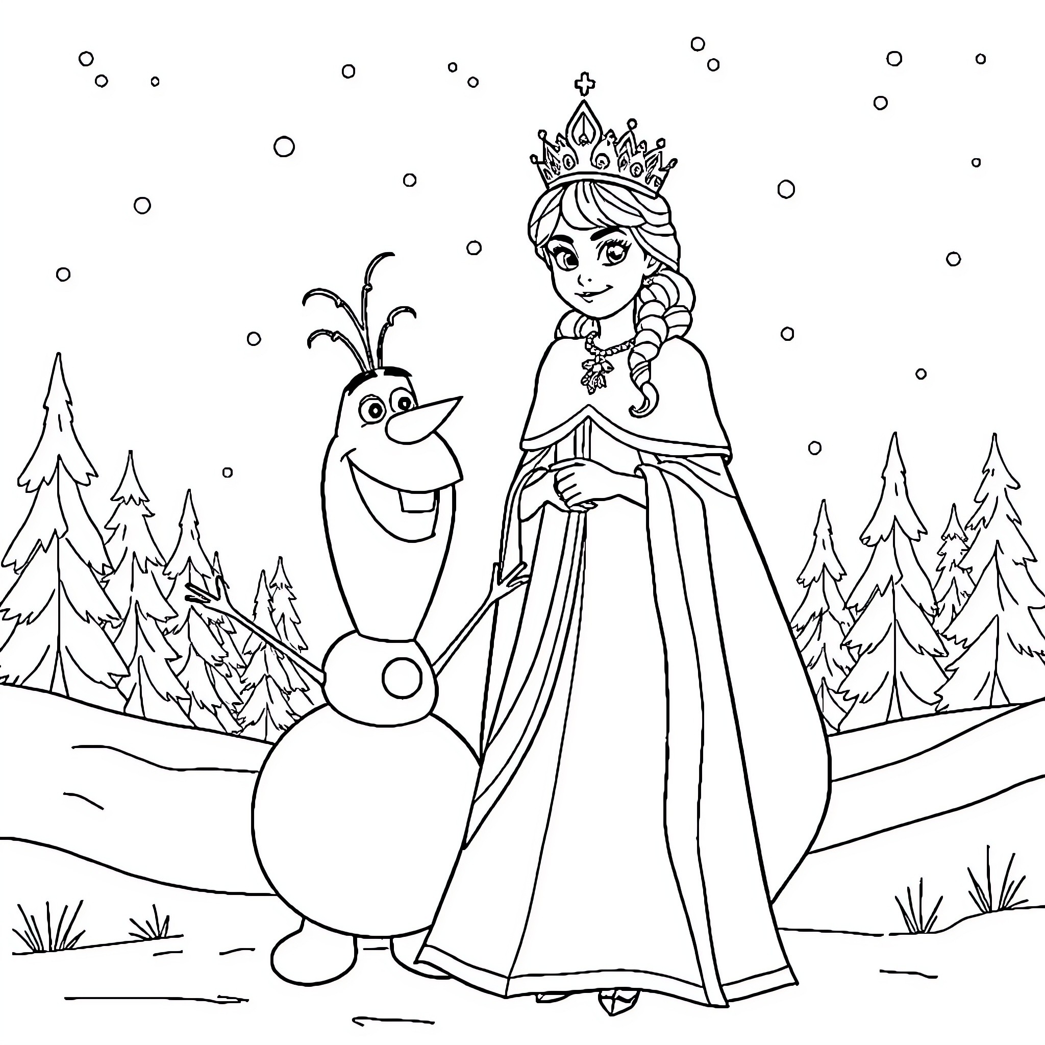 Snow Queen and her icy companion in winter wonderland Coloring Page (free black-and-white line drawing printable PDF for all, from beginners to advanced learners, including children, teens, adults, and seniors)