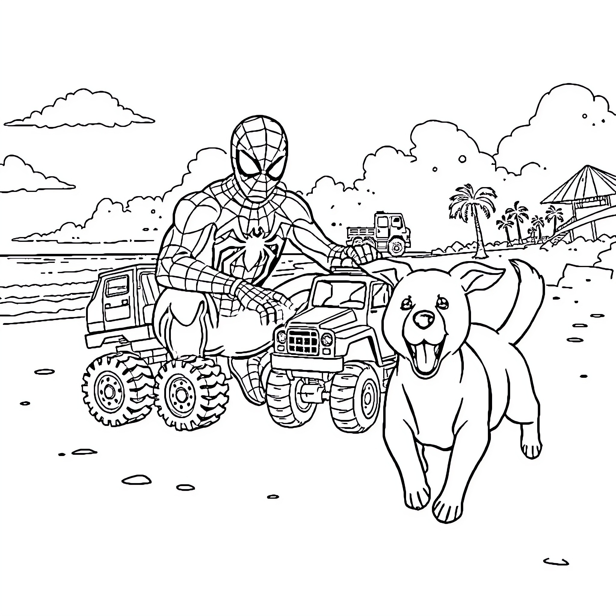 Spiderman's Tropical Adventure with Vehicles and Pets Coloring Page (free black-and-white line drawing printable PDF for all, from beginners to advanced learners, including children, teens, adults, and seniors)