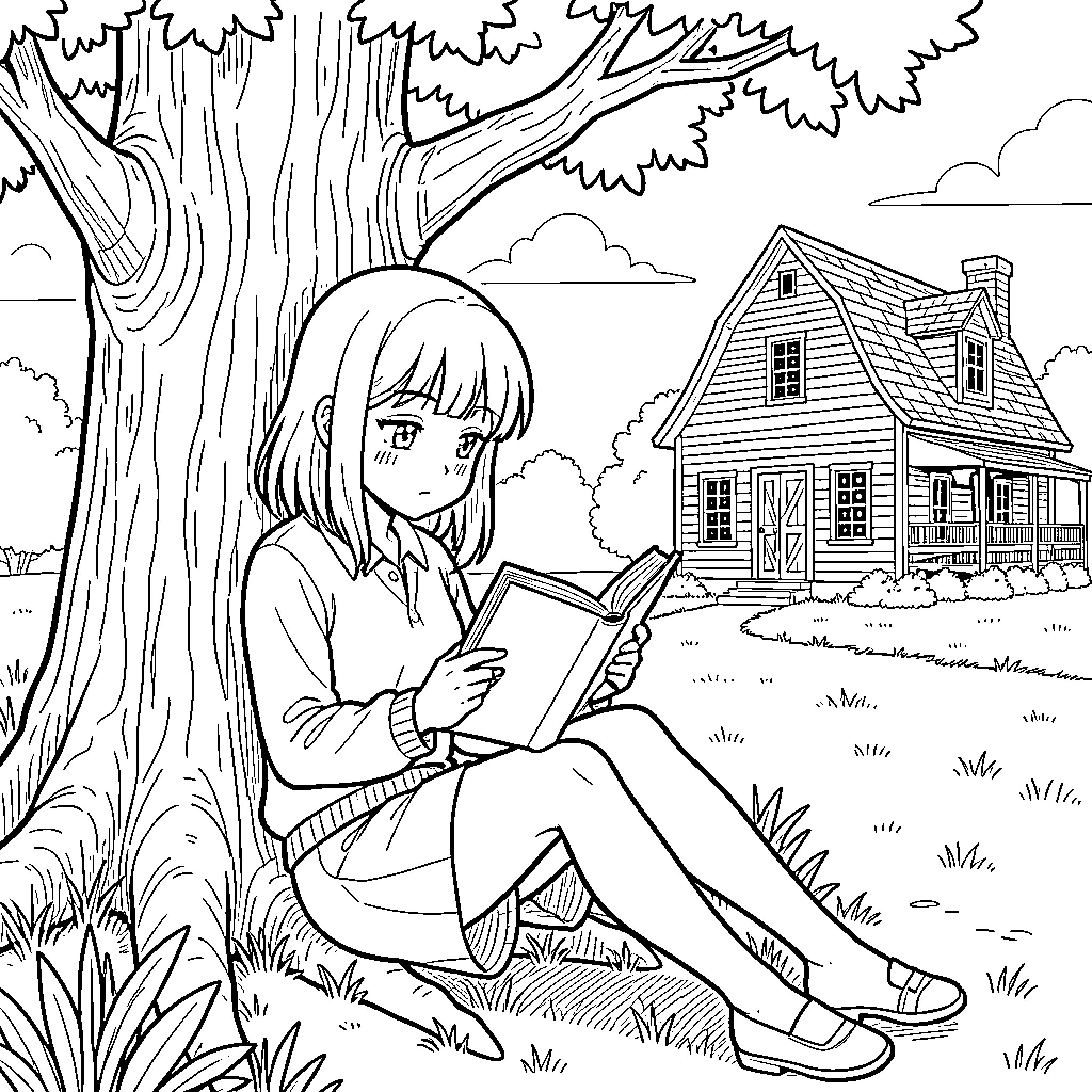 Anime Girl reading a book under a large tree Coloring Page (free black-and-white line drawing printable PDF for all, from beginners to advanced learners, including children, teens, adults, and seniors)