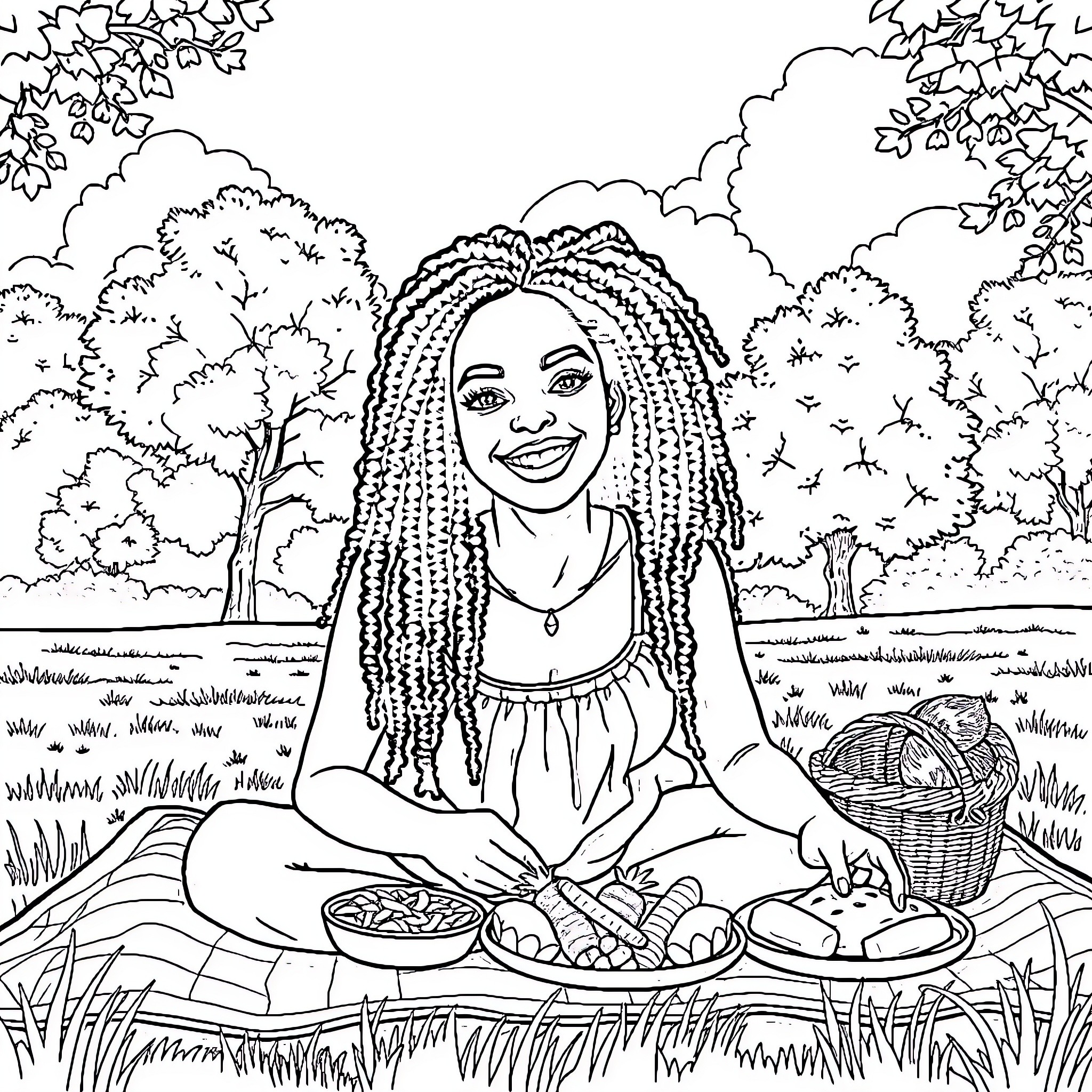Woman enjoying a picnic in nature Coloring Page (free black-and-white line drawing printable PDF for all, from beginners to advanced learners, including children, teens, adults, and seniors)
