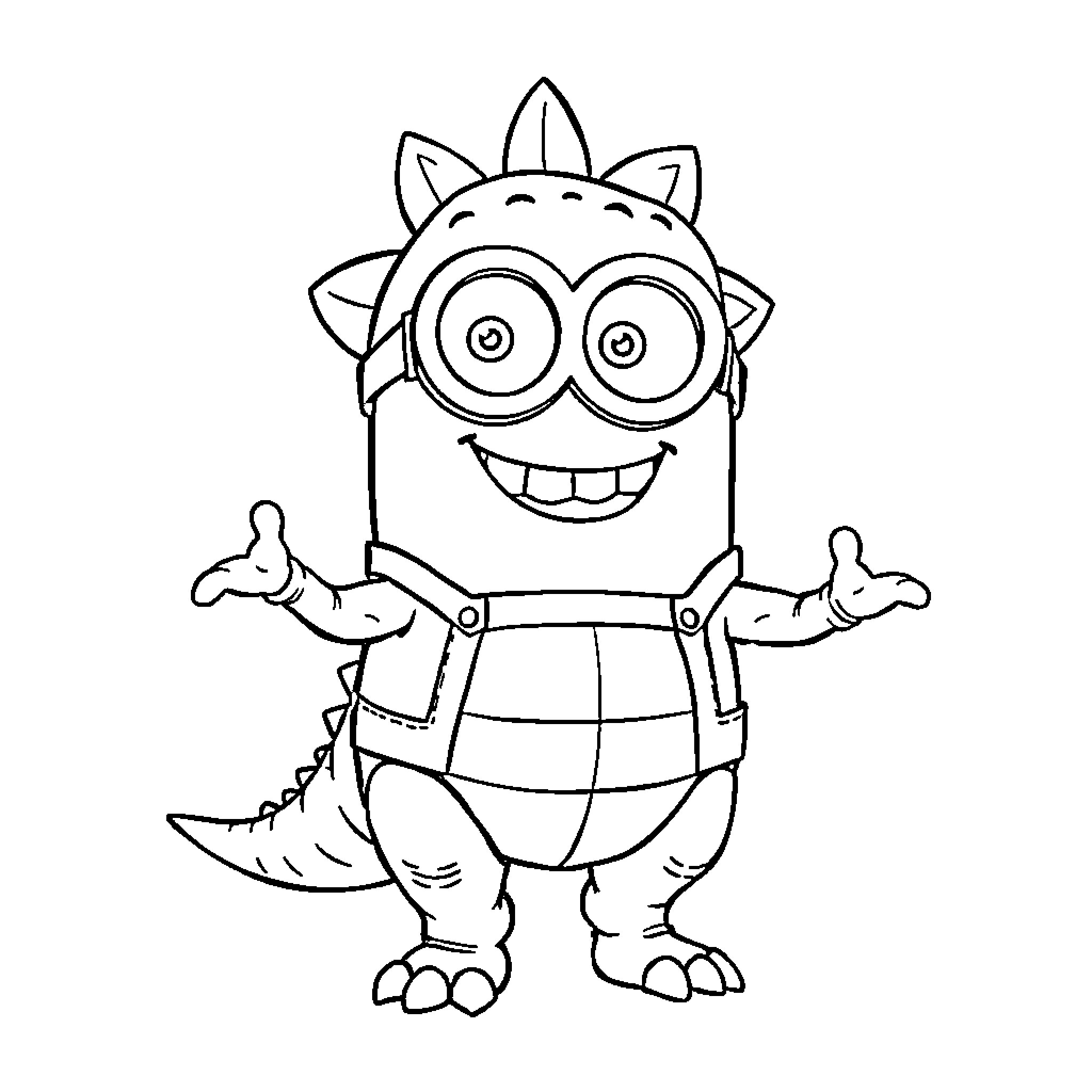Minion in Dinosaur Costume Smiling Excitedly Coloring Page (free black-and-white line drawing printable PDF for all, from beginners to advanced learners, including children, teens, adults, and seniors)