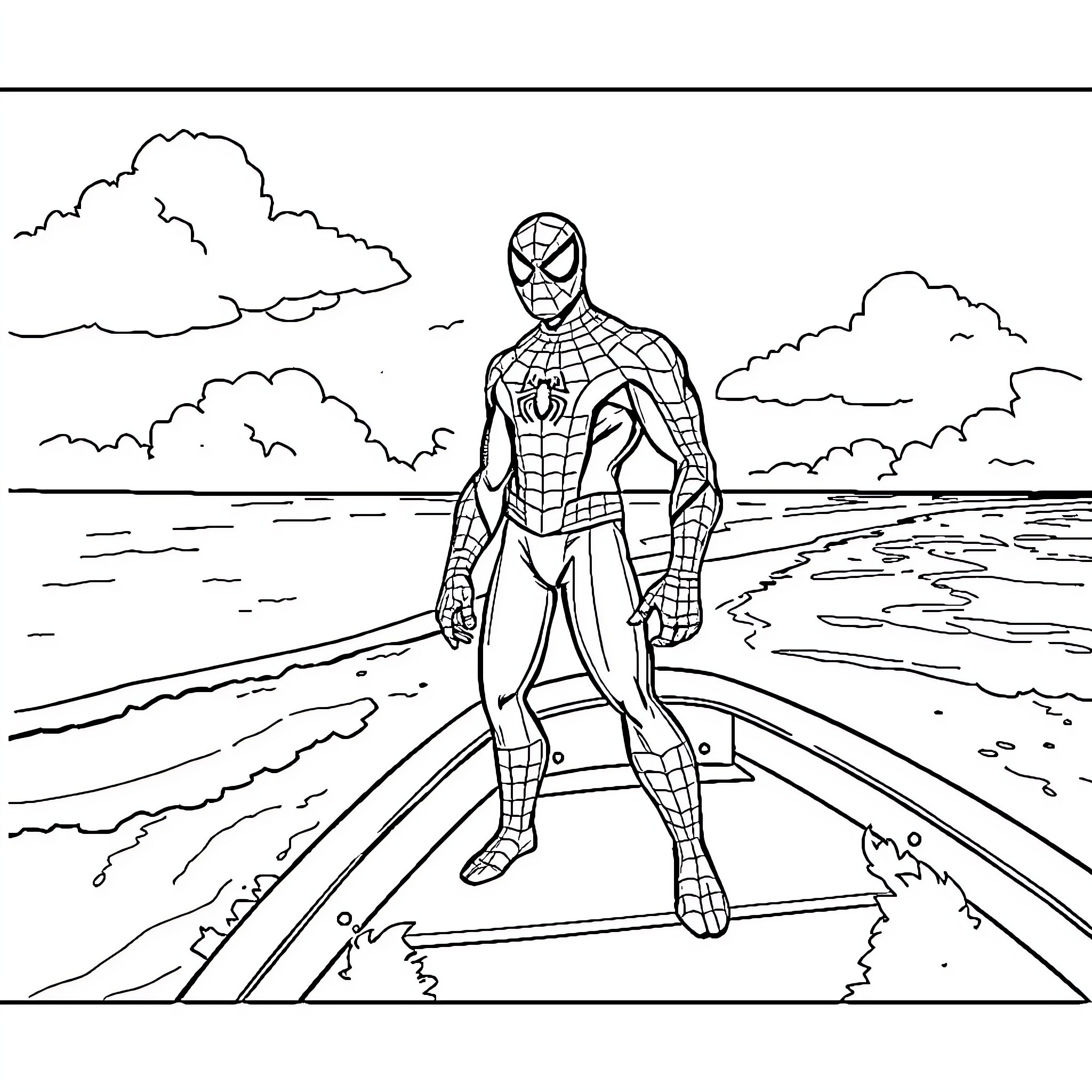 Spiderman standing confidently on the beach Coloring Page (free black-and-white line drawing printable PDF for all, from beginners to advanced learners, including children, teens, adults, and seniors)