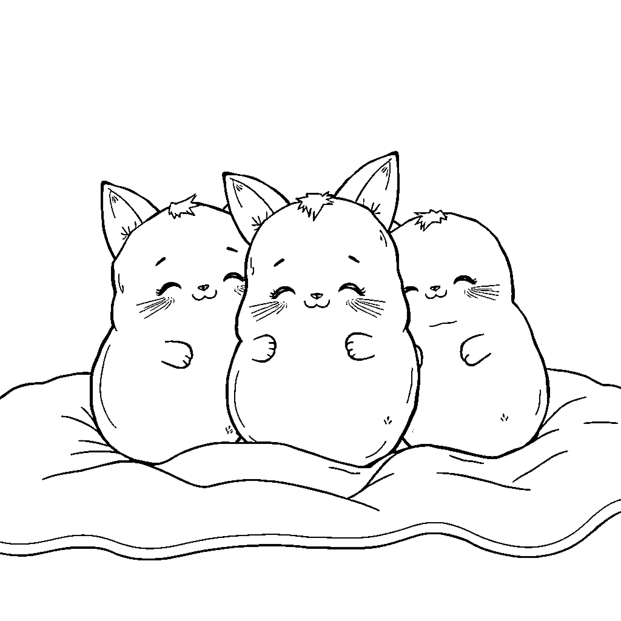 Potato kittens cuddling affectionately Coloring Page (free black-and-white line drawing printable PDF for all, from beginners to advanced learners, including children, teens, adults, and seniors)
