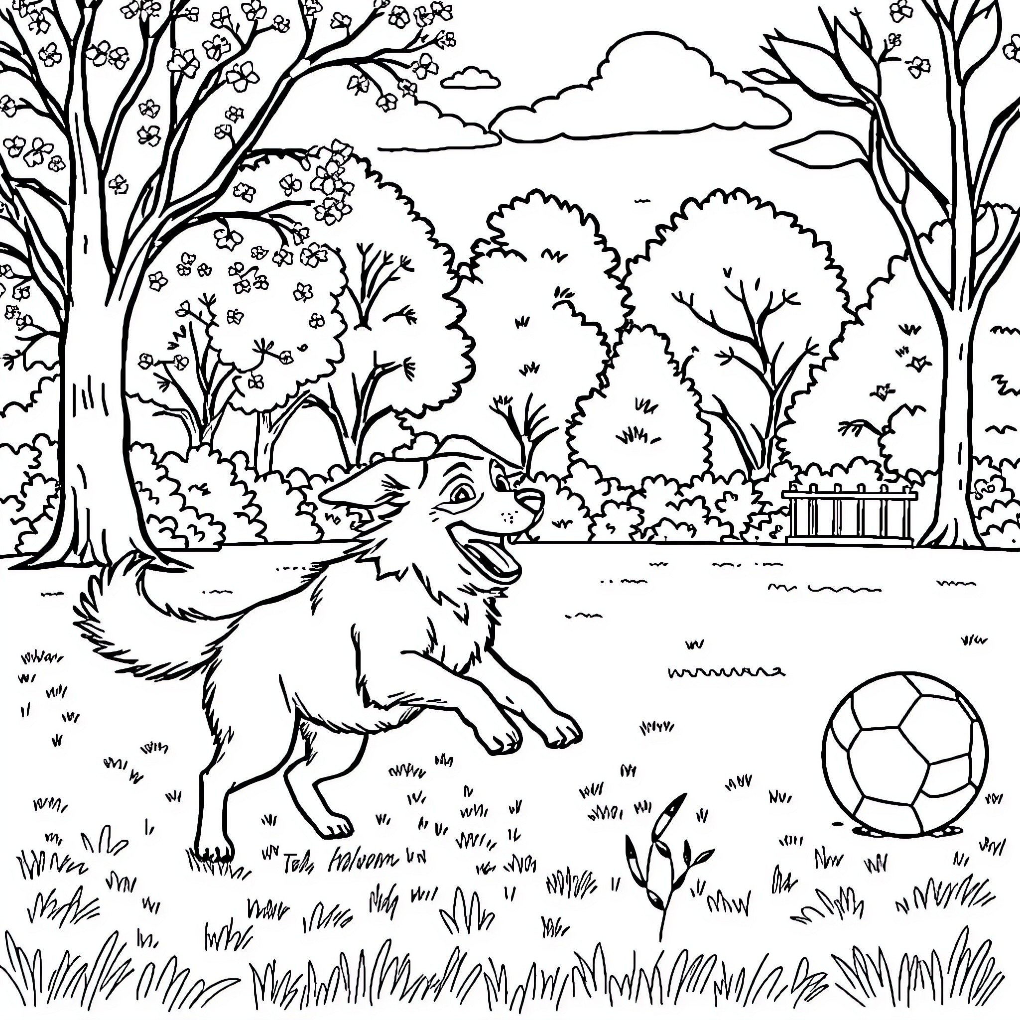 Dog playing with soccer ball in park Coloring Page (free black-and-white line drawing printable PDF for all, from beginners to advanced learners, including children, teens, adults, and seniors)