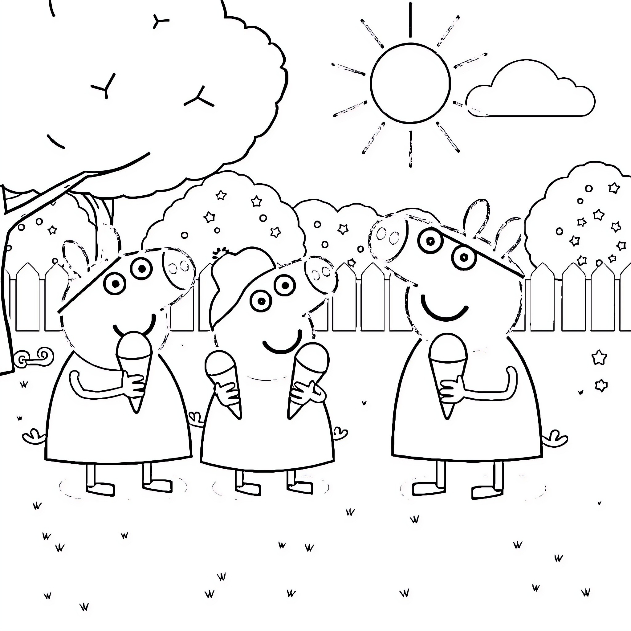 Peppa Pig and friends enjoying a sunny day outdoors Coloring Page (free black-and-white line drawing printable PDF for all, from beginners to advanced learners, including children, teens, adults, and seniors)
