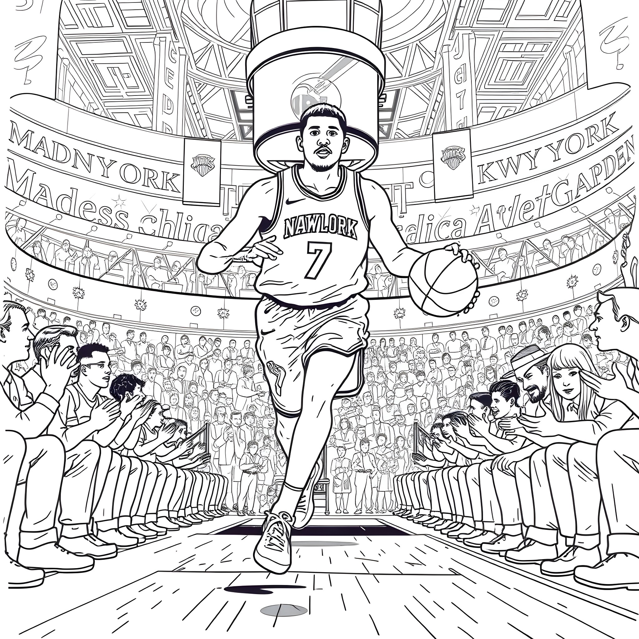 Jalen Brunson's Basketball Prowess Shines on the Court Coloring Page (free black-and-white line drawing printable PDF for all, from beginners to advanced learners, including children, teens, adults, and seniors)