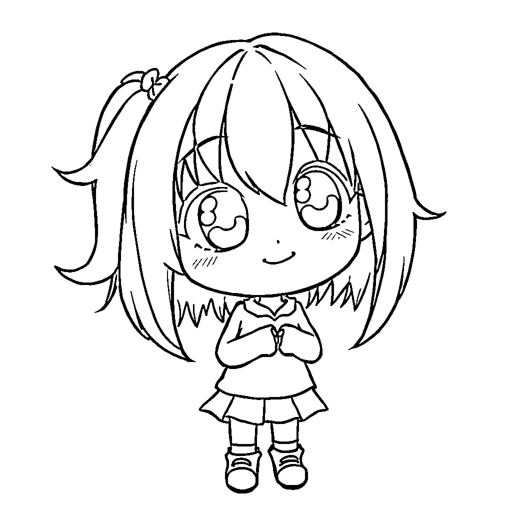 Anime Girl with Cheerful Expression Coloring Page (free black-and-white line drawing printable PDF for all, from beginners to advanced learners, including children, teens, adults, and seniors)