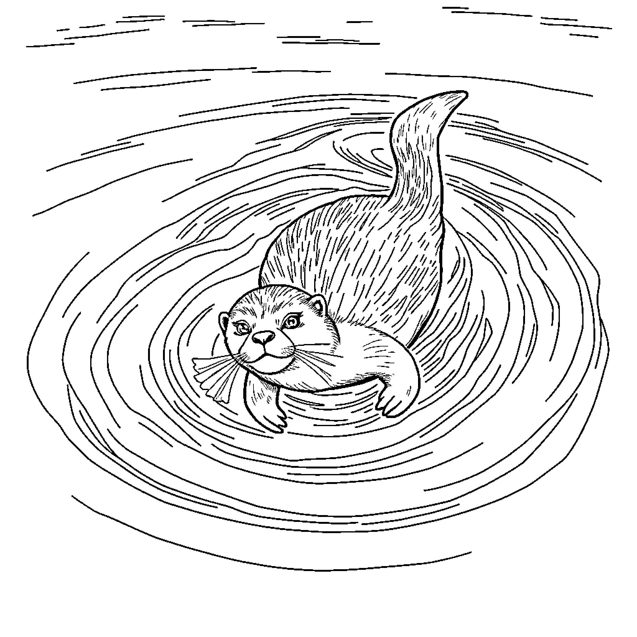 Otter swimming playfully in the water Coloring Page (free black-and-white line drawing printable PDF for all, from beginners to advanced learners, including children, teens, adults, and seniors)