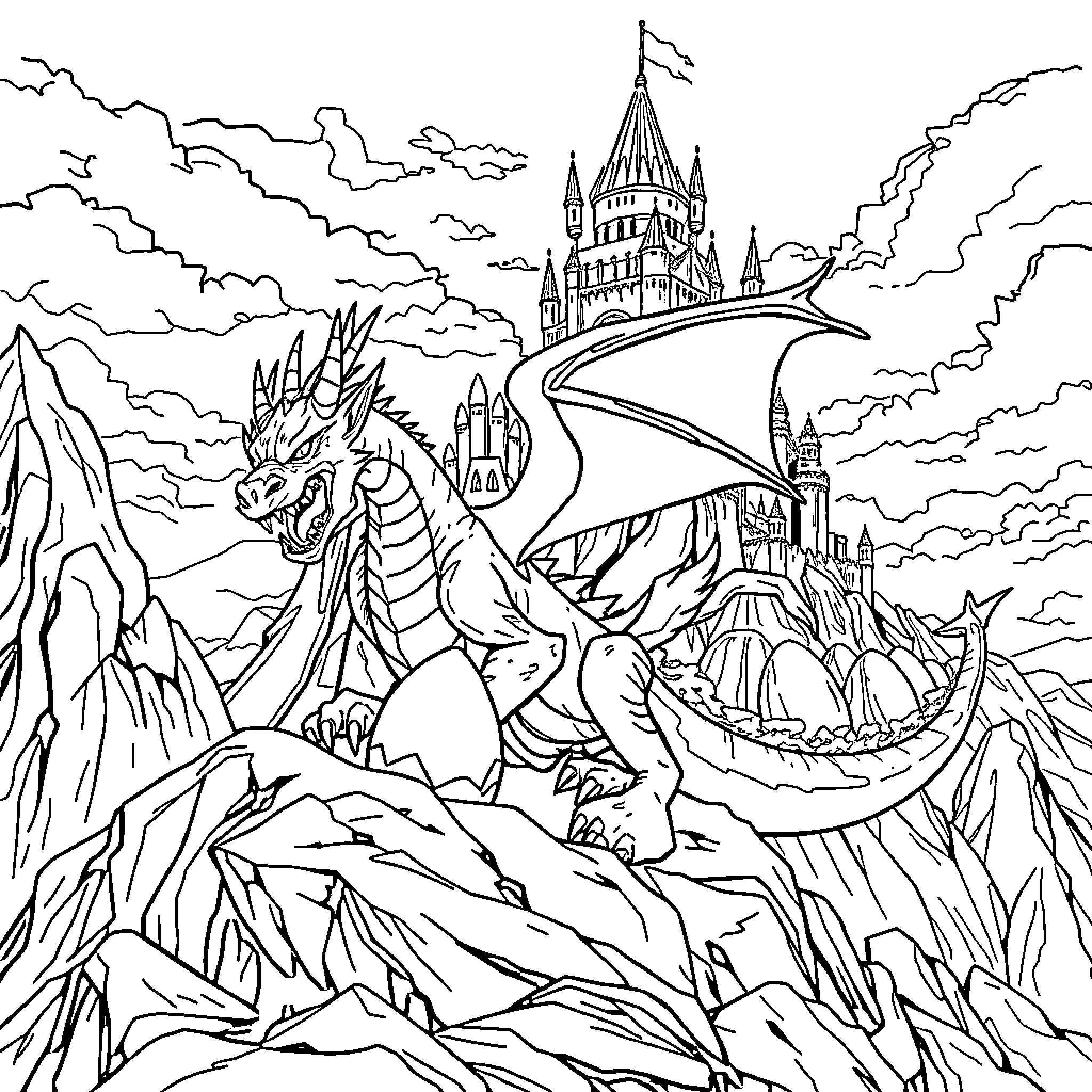 Dragon guarding a fantasy castle on the cliffs Coloring Page (free black-and-white line drawing printable PDF for all, from beginners to advanced learners, including children, teens, adults, and seniors)