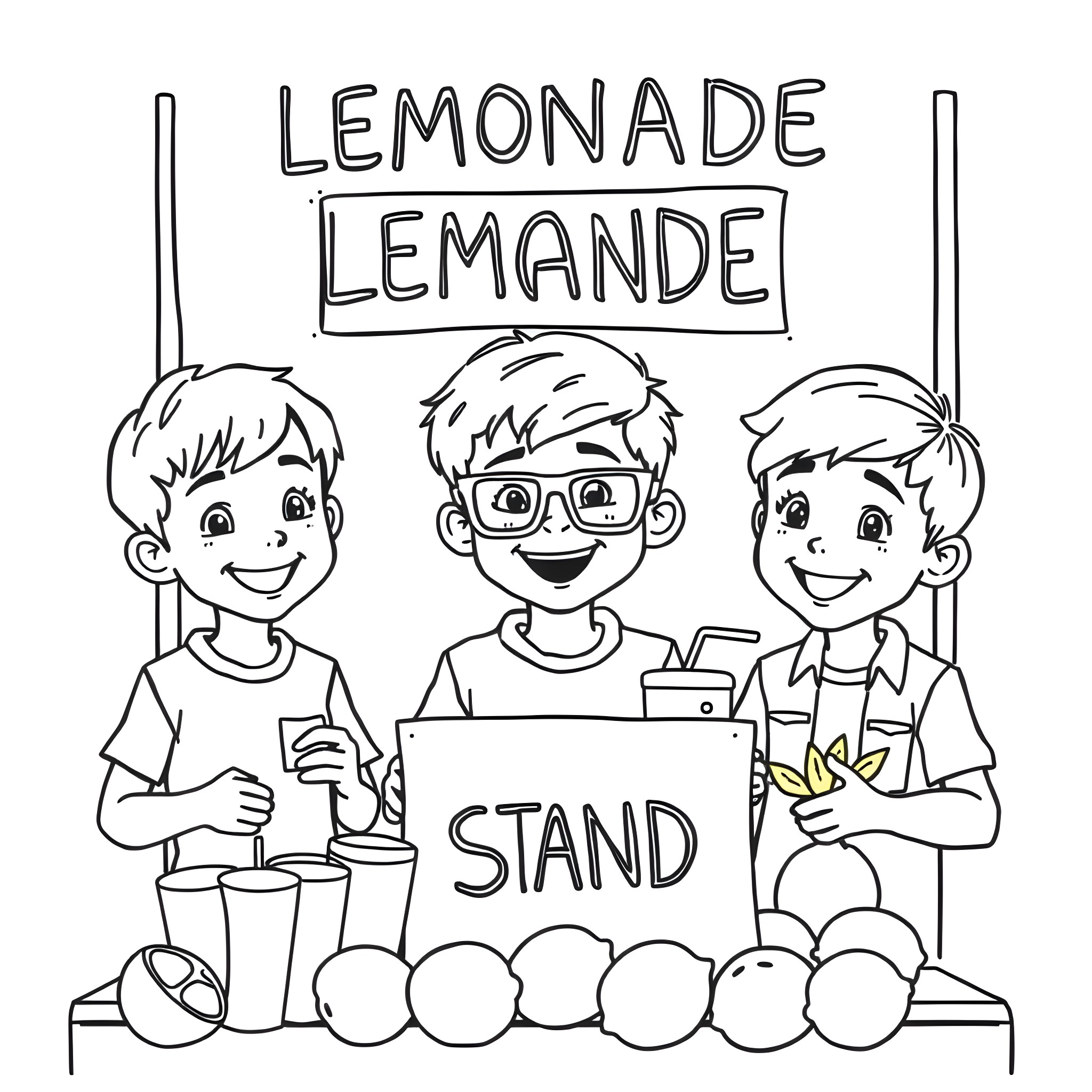 Boys running a lemonade stand Coloring Page (free black-and-white line drawing printable PDF for all, from beginners to advanced learners, including children, teens, adults, and seniors)