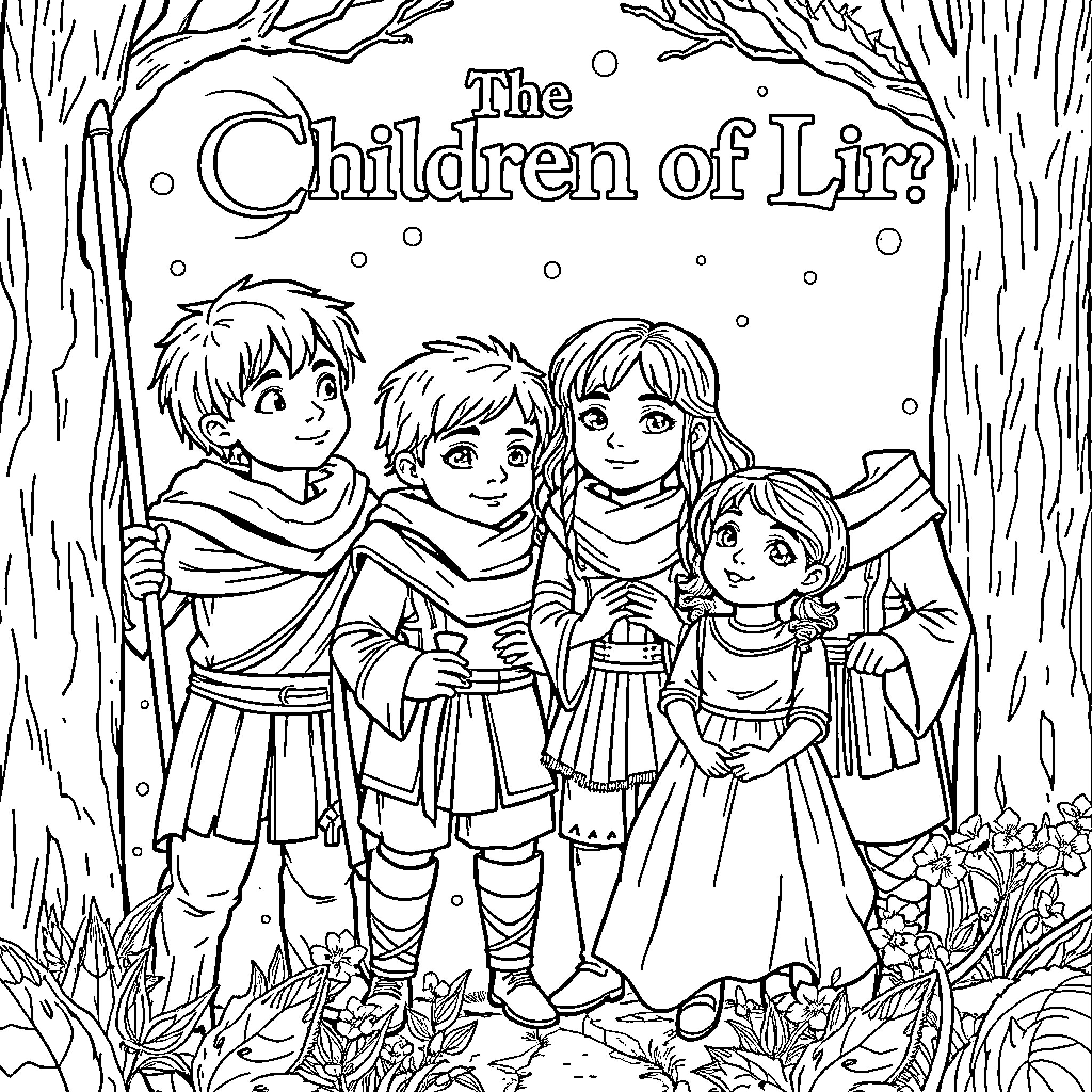 Child Adventurers on a Woodland Journey Coloring Page (free black-and-white line drawing printable PDF for all, from beginners to advanced learners, including children, teens, adults, and seniors)