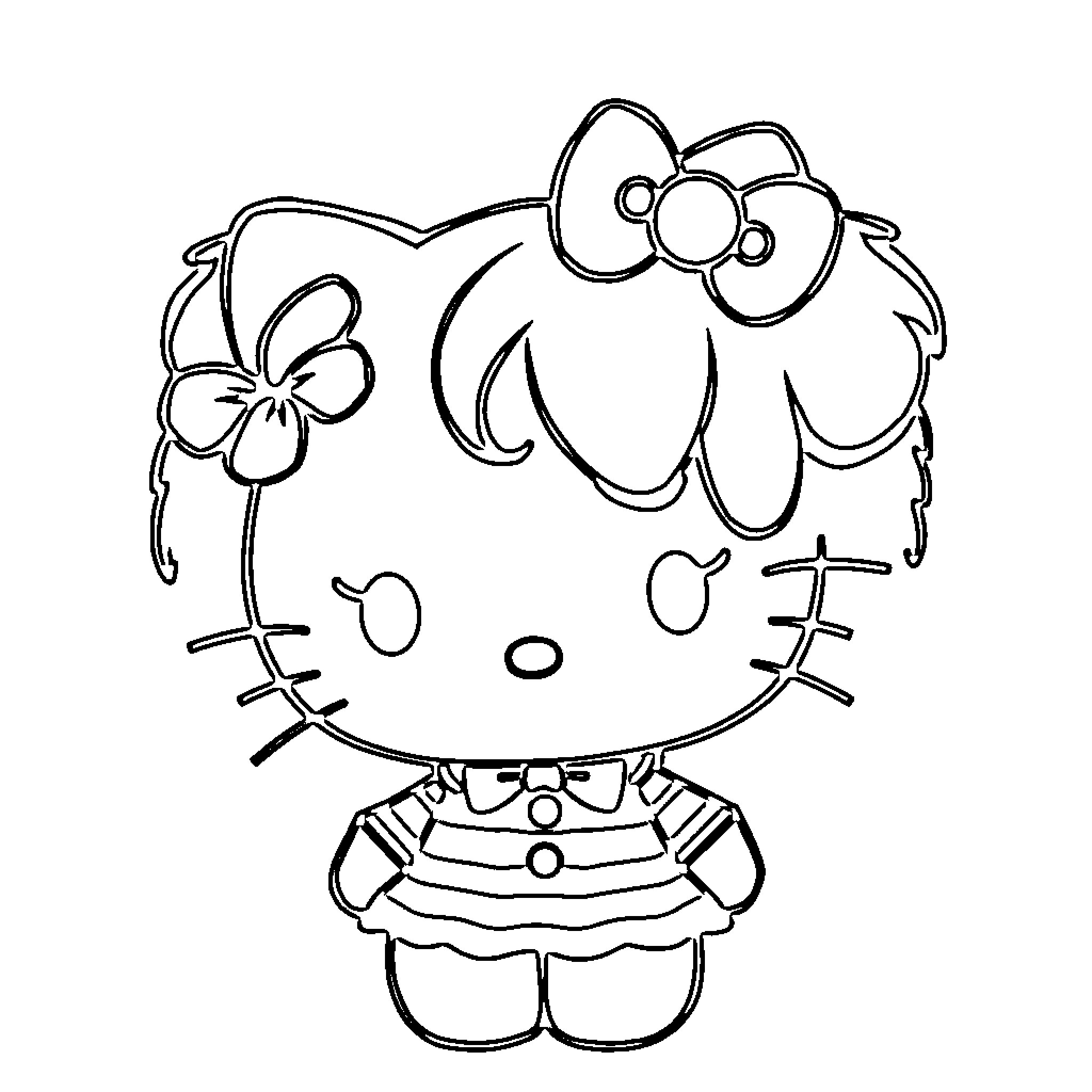 Hello Kitty in a Playful Outfit Coloring Page (free black-and-white line drawing printable PDF for all, from beginners to advanced learners, including children, teens, adults, and seniors)