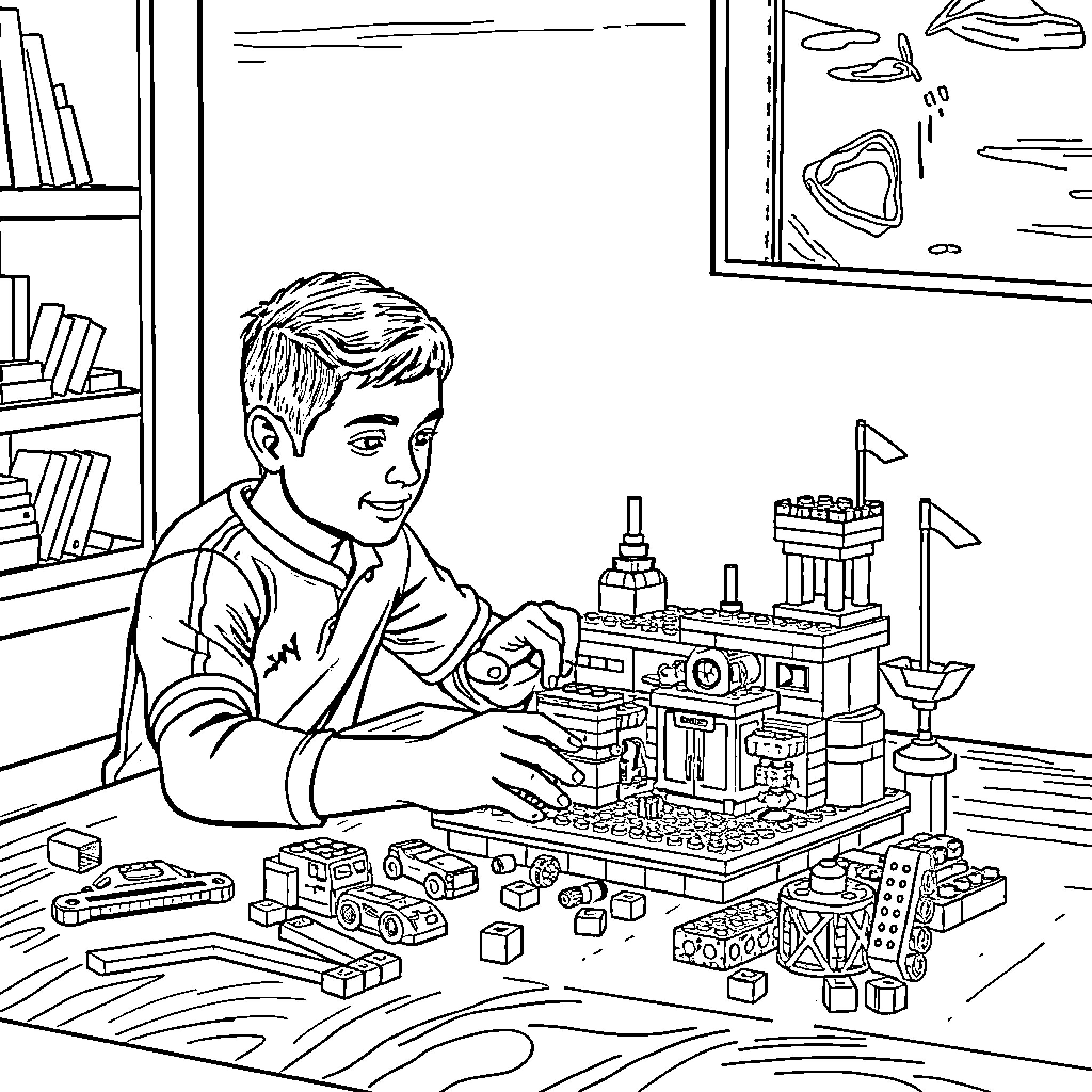 Ronaldo building a detailed Lego structure Coloring Page (free black-and-white line drawing printable PDF for all, from beginners to advanced learners, including children, teens, adults, and seniors)