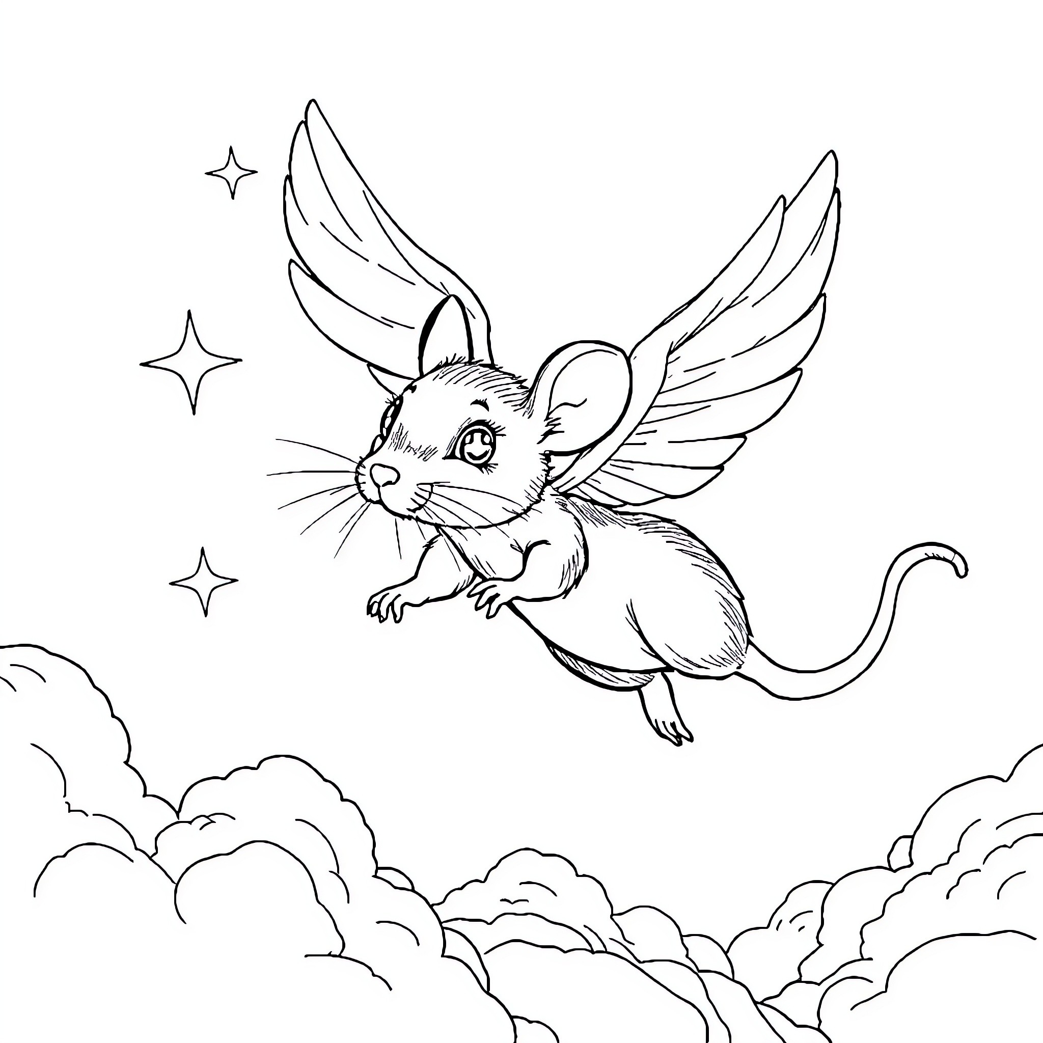 Mouse soaring through the starry night sky Coloring Page (free black-and-white line drawing printable PDF for all, from beginners to advanced learners, including children, teens, adults, and seniors)