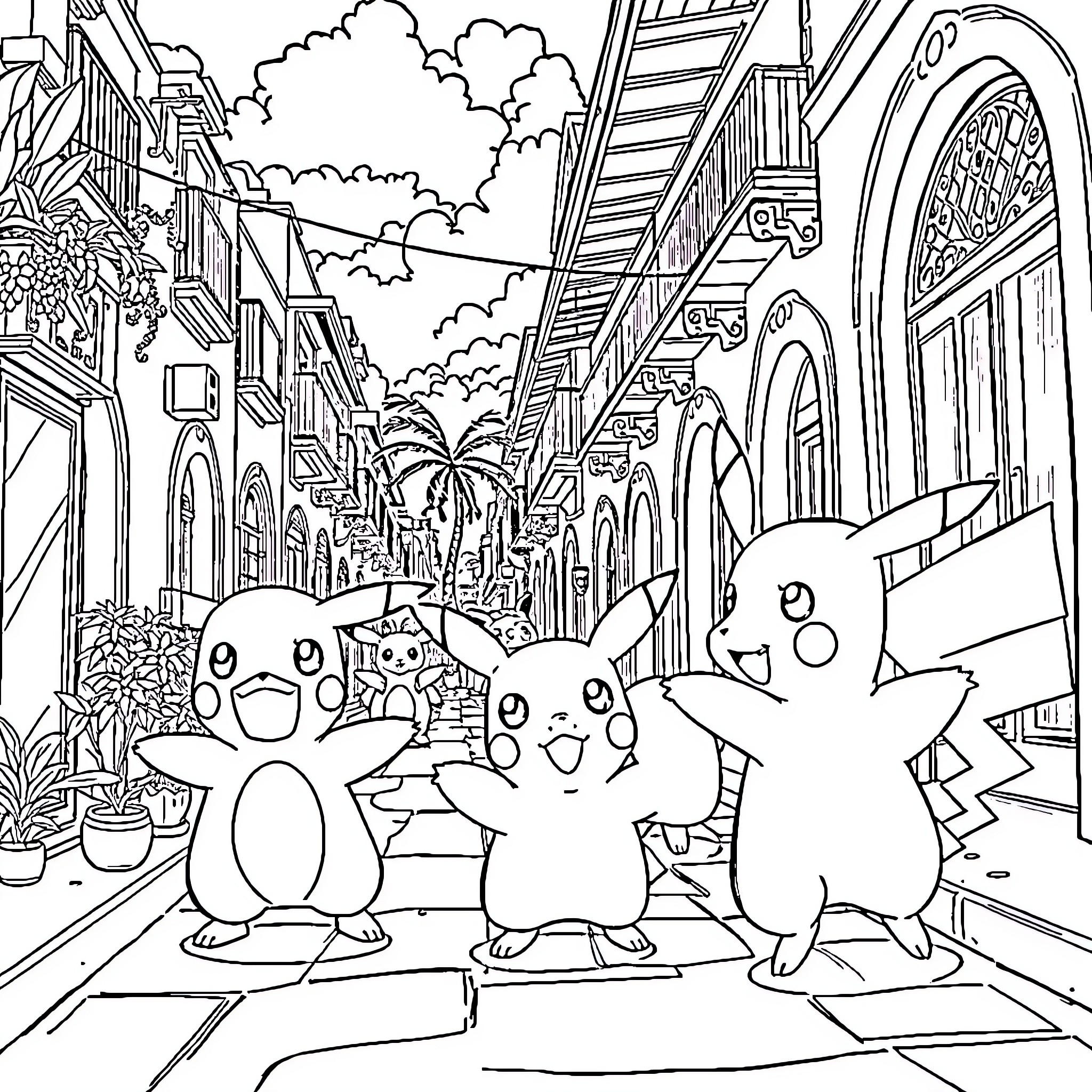 Pokémon Exploring Colorful Scenic City Streets Coloring Page (free black-and-white line drawing printable PDF for all, from beginners to advanced learners, including children, teens, adults, and seniors)