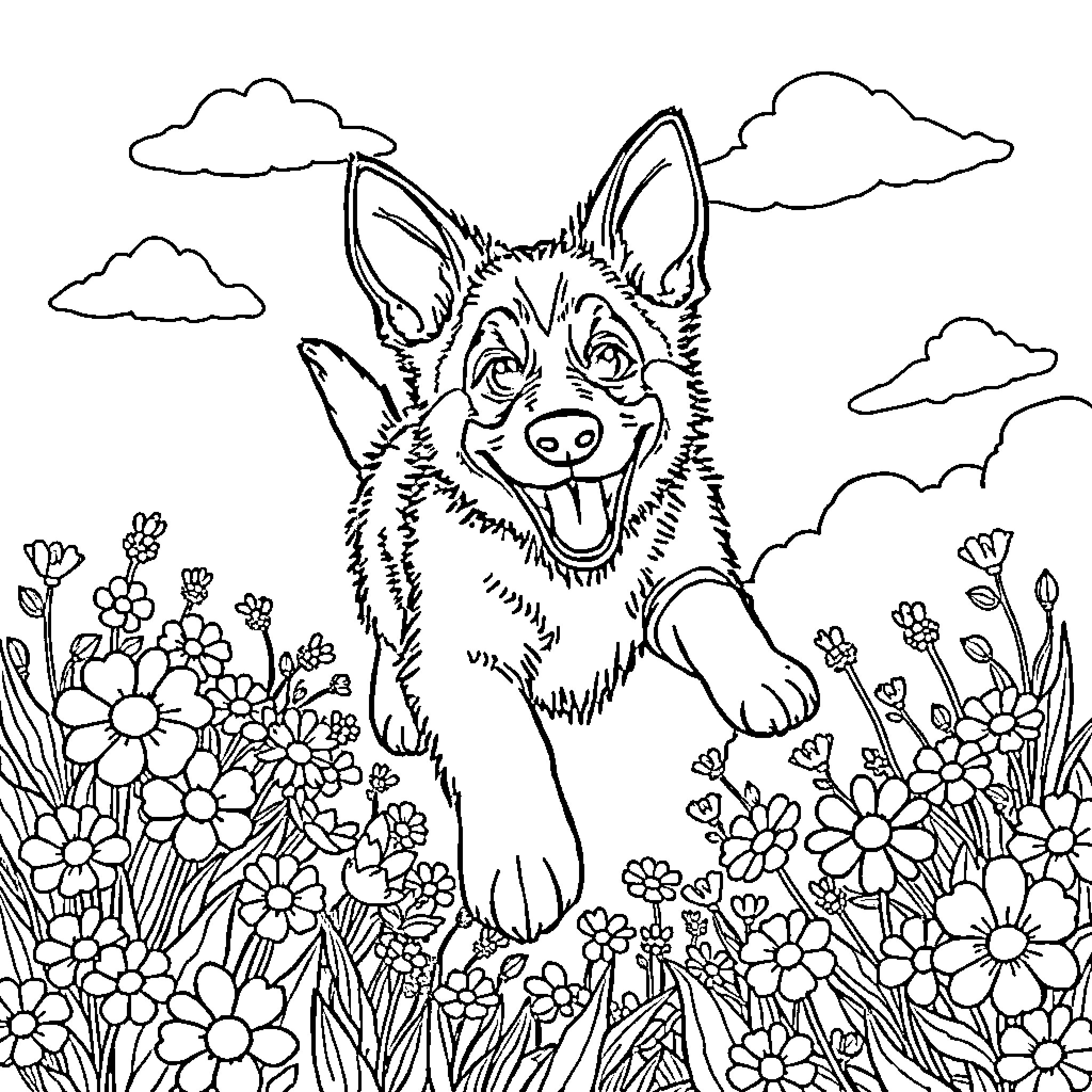German Shepherd playing joyfully in a flower-filled meadow Coloring Page (free black-and-white line drawing printable PDF for all, from beginners to advanced learners, including children, teens, adults, and seniors)