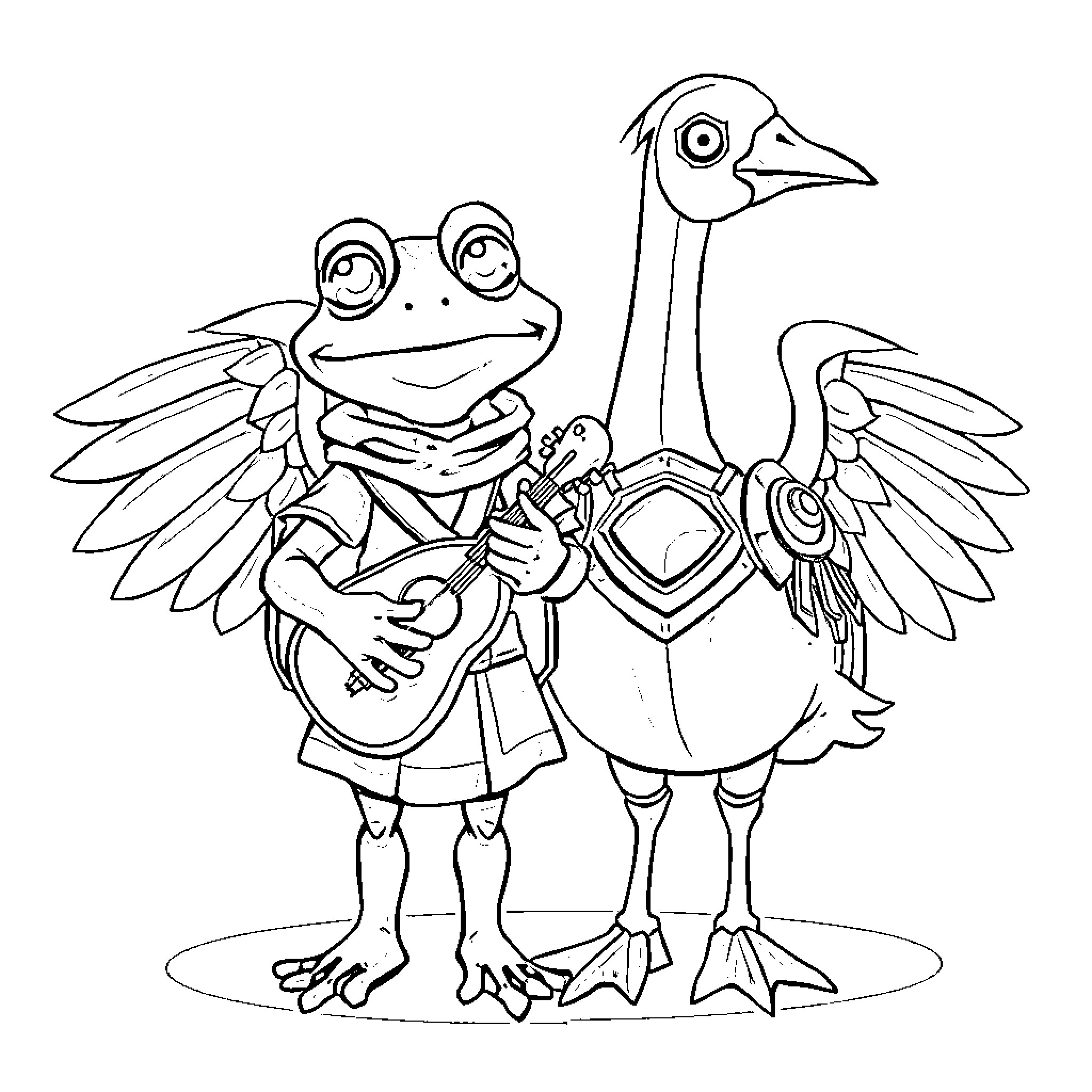 Frog and Goose Performing on Stage Coloring Page (free black-and-white line drawing printable PDF for all, from beginners to advanced learners, including children, teens, adults, and seniors)