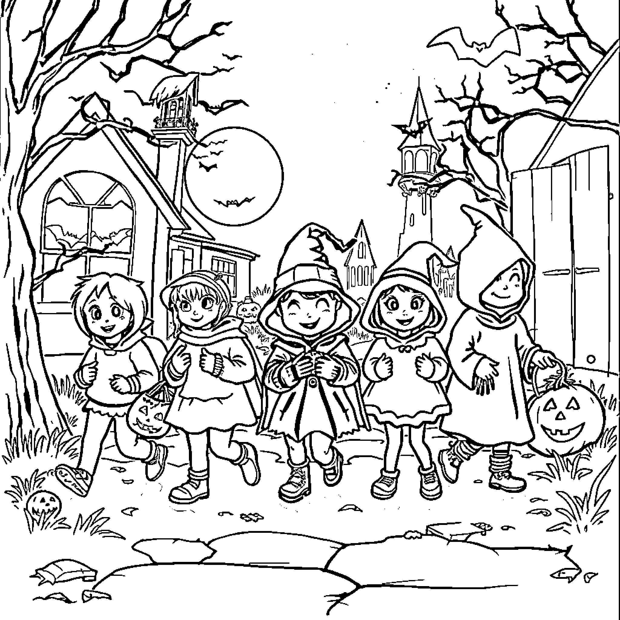 Halloween in the Enchanted Town Coloring Page (free black-and-white line drawing printable PDF for all, from beginners to advanced learners, including children, teens, adults, and seniors)