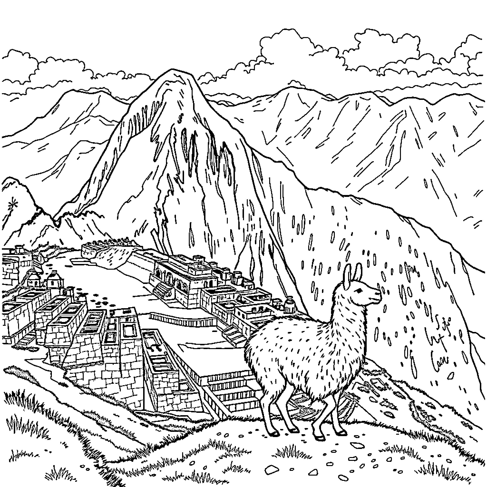 Llama gazing at ancient mountain ruins Coloring Page (free black-and-white line drawing printable PDF for all, from beginners to advanced learners, including children, teens, adults, and seniors)