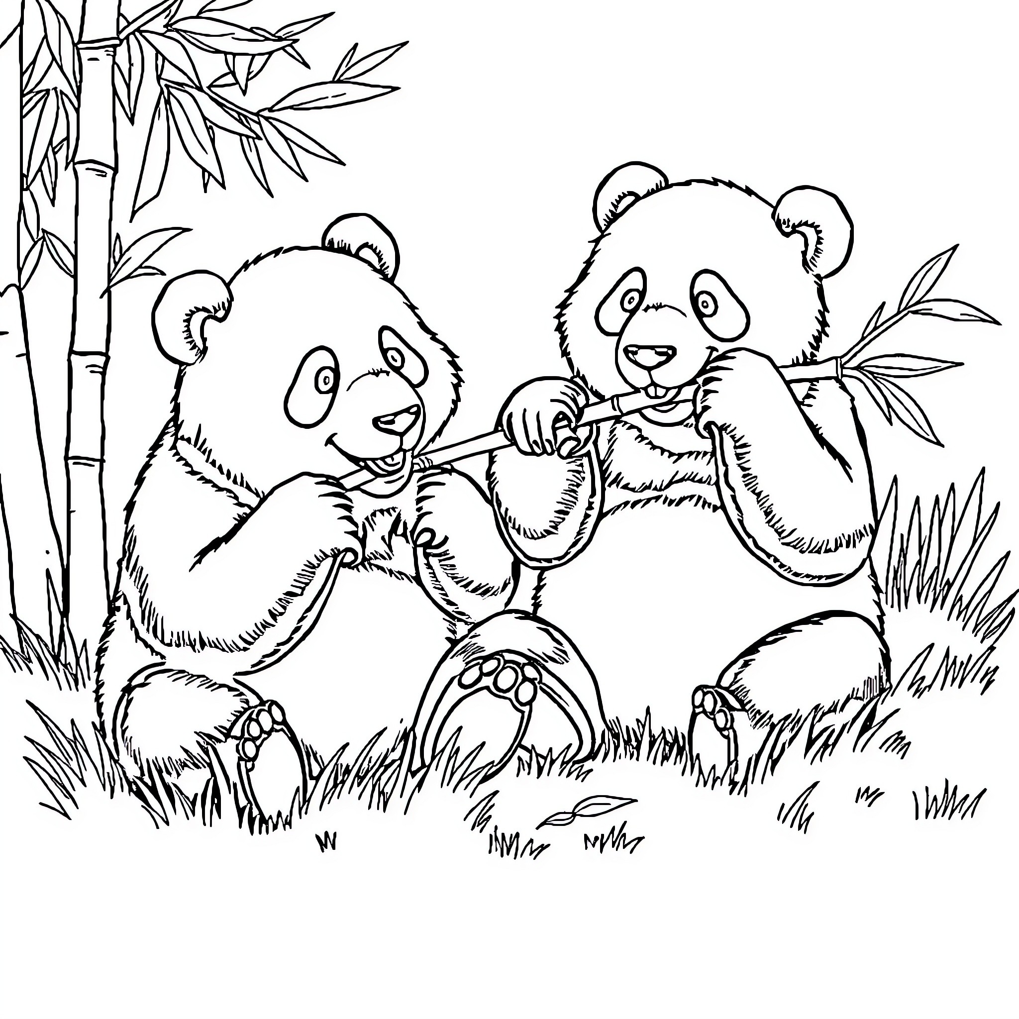 Panda bears playing together in the bamboo forest Coloring Page (free black-and-white line drawing printable PDF for all, from beginners to advanced learners, including children, teens, adults, and seniors)