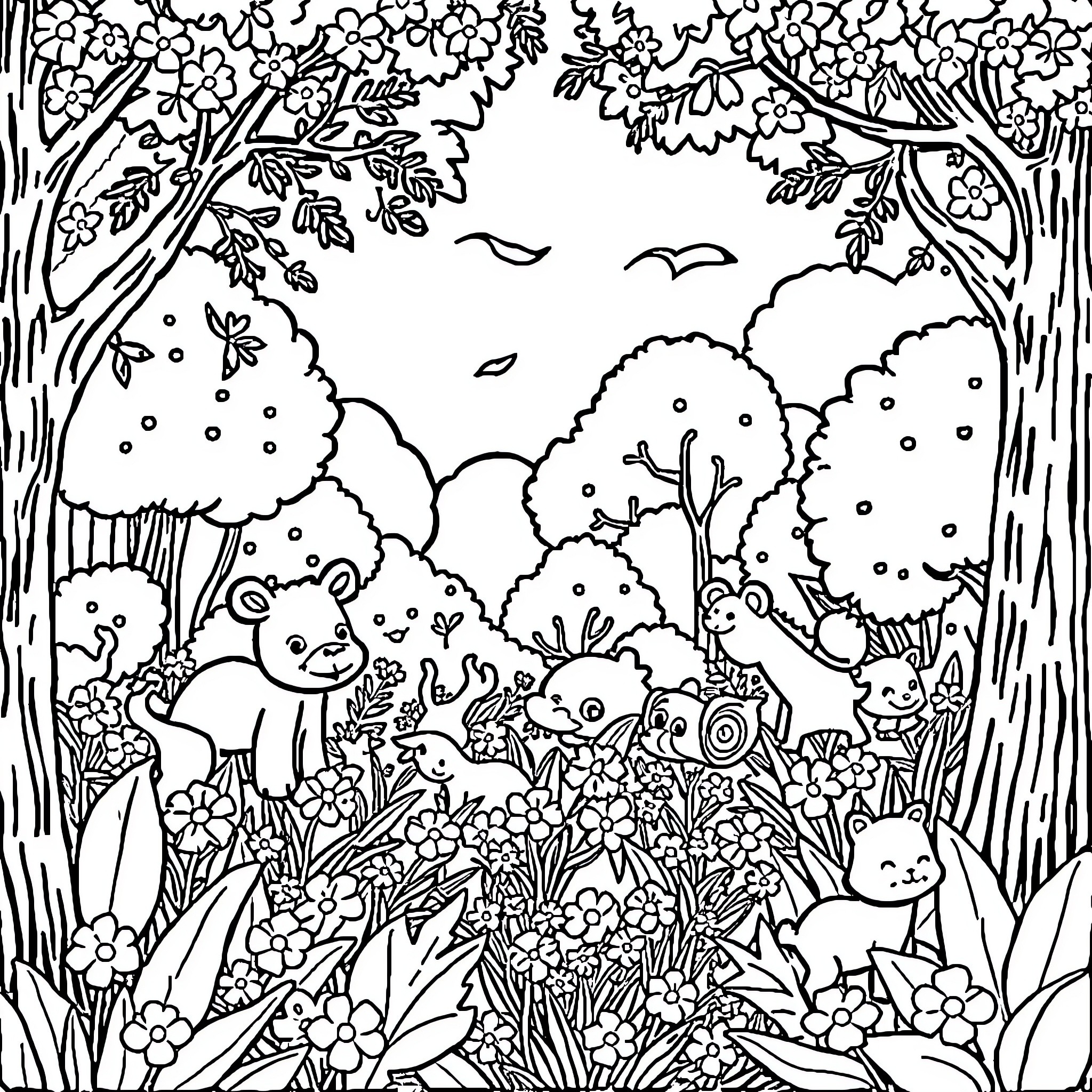 Alphabet Creatures in a Whimsical Forest Coloring Page (free black-and-white line drawing printable PDF for all, from beginners to advanced learners, including children, teens, adults, and seniors)