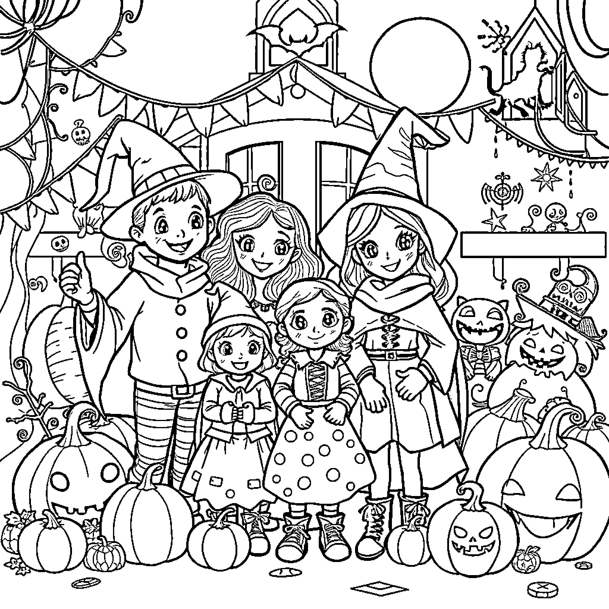 Bluey's Halloween Celebration with Family and Friends Coloring Page (free black-and-white line drawing printable PDF for all, from beginners to advanced learners, including children, teens, adults, and seniors)