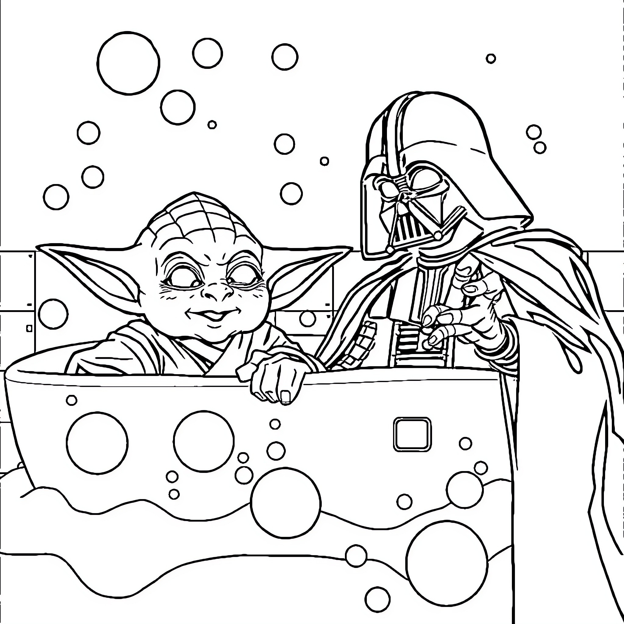 Vader and Yoda playfully interacting Coloring Page (free black-and-white line drawing printable PDF for all, from beginners to advanced learners, including children, teens, adults, and seniors)