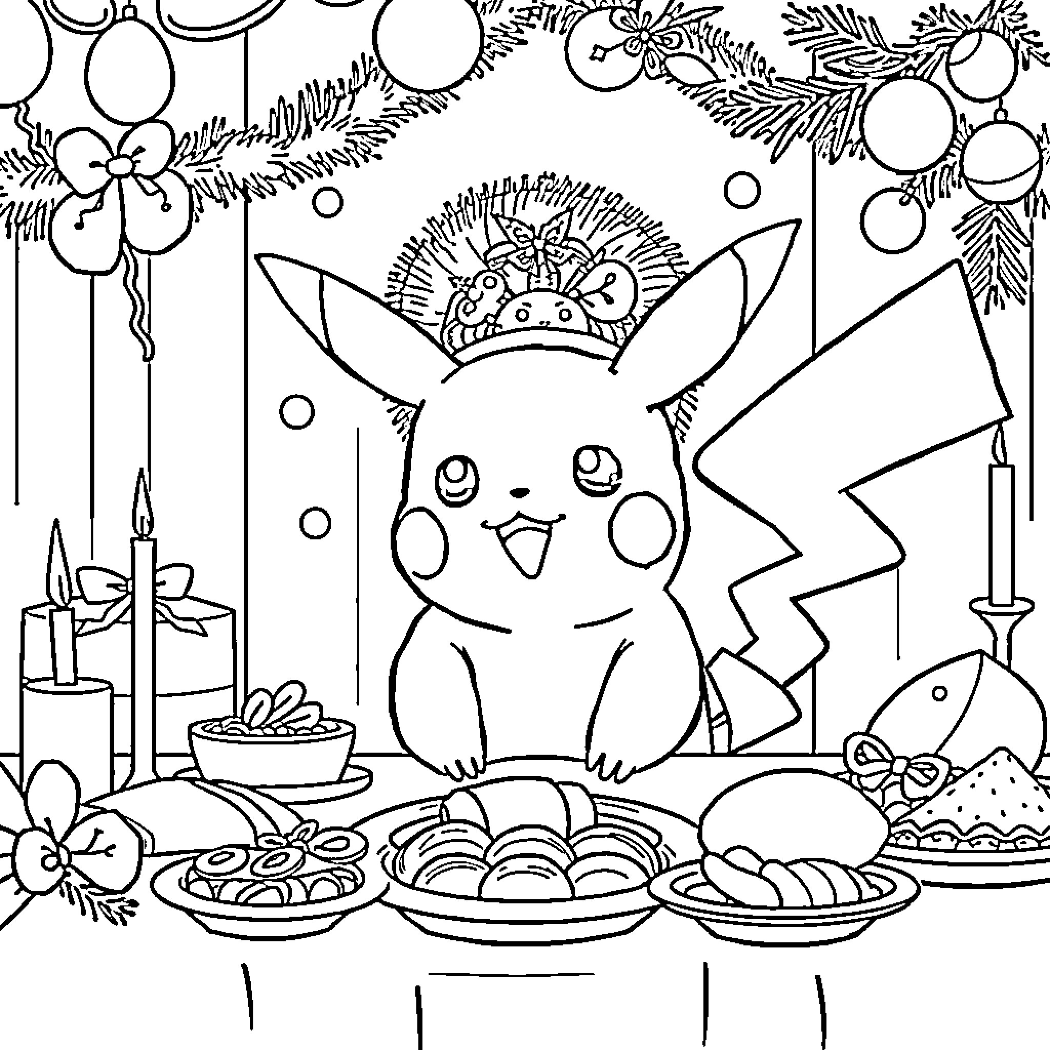 Pikachu enjoying festive Christmas decorations Coloring Page (free black-and-white line drawing printable PDF for all, from beginners to advanced learners, including children, teens, adults, and seniors)