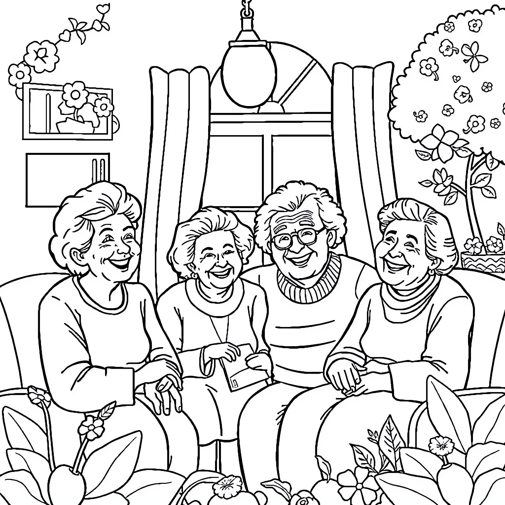 Home for the Elderly Residents Enjoying Time Together Coloring Page (free black-and-white line drawing printable PDF for all, from beginners to advanced learners, including children, teens, adults, and seniors)