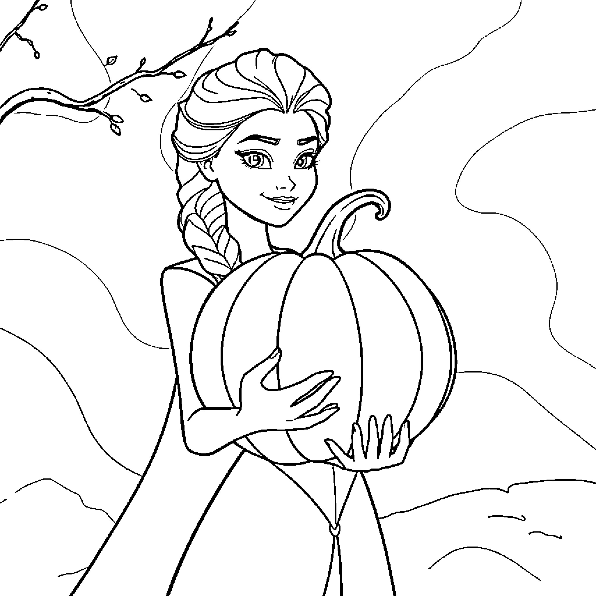 Elsa Embracing a Pumpkin in Autumn Setting Coloring Page (free black-and-white line drawing printable PDF for all, from beginners to advanced learners, including children, teens, adults, and seniors)