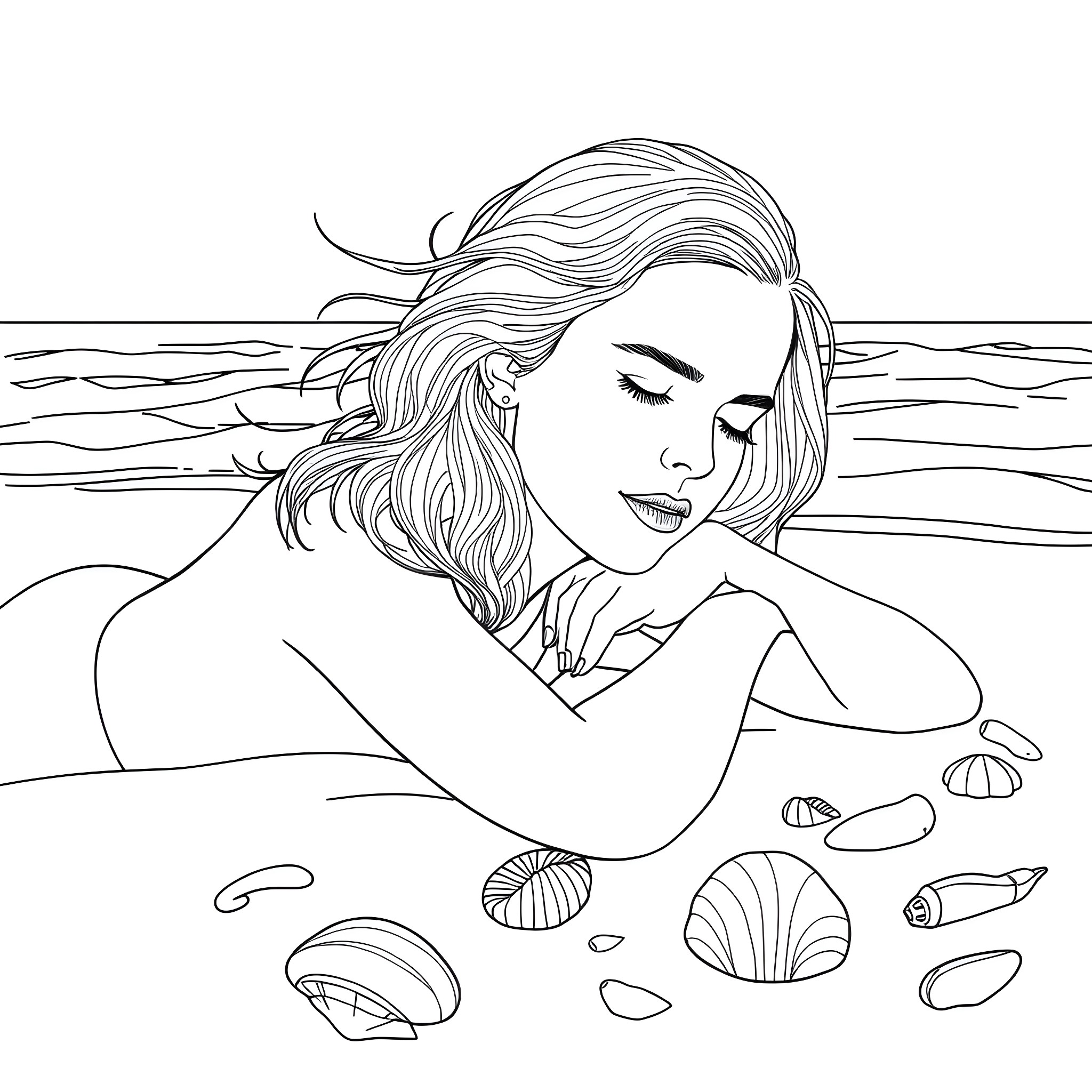 Emma Watson relaxing in the ocean with seashells Coloring Page (free black-and-white line drawing printable PDF for all, from beginners to advanced learners, including children, teens, adults, and seniors)
