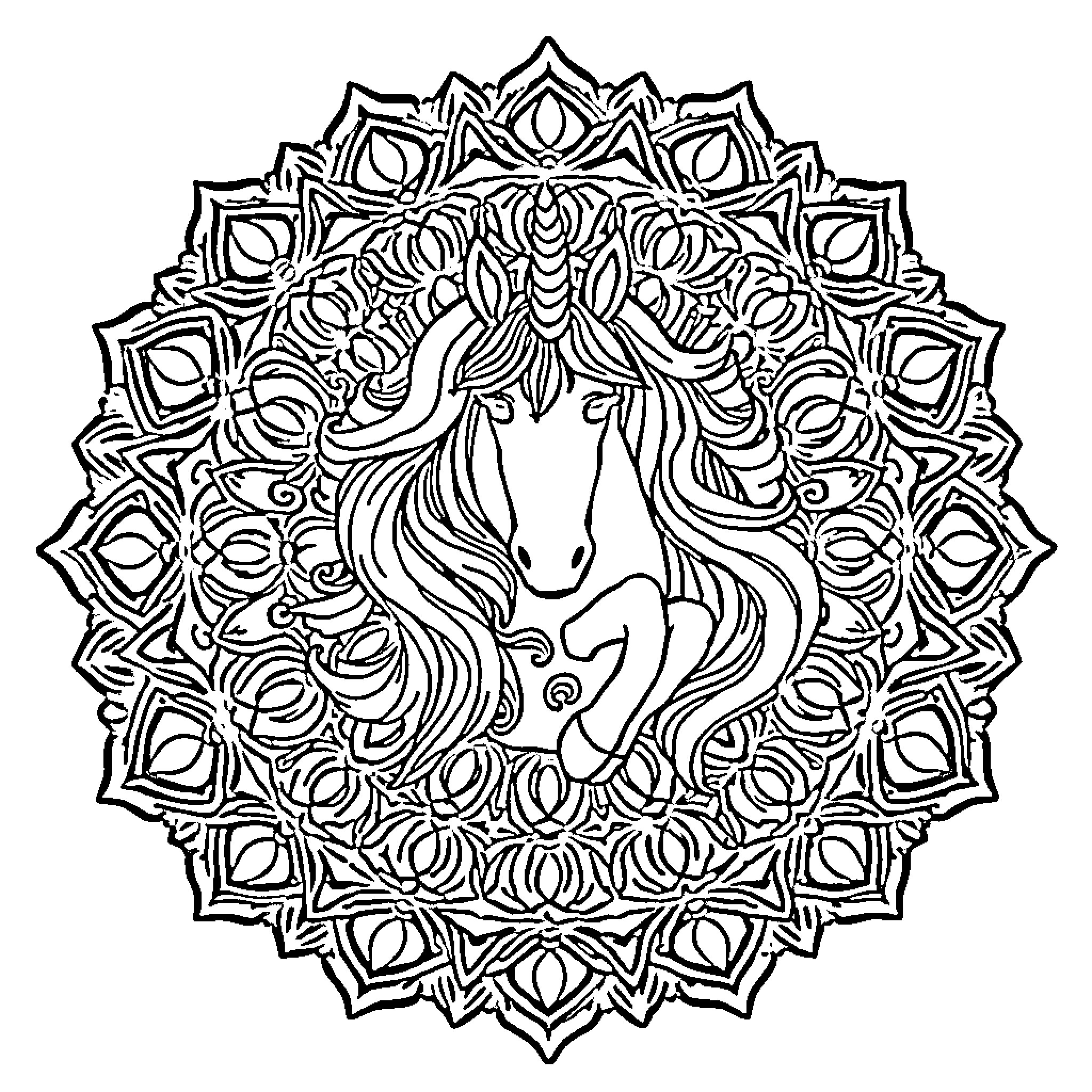 Unicorn enchanting mandala with flowing mane Coloring Page (free black-and-white line drawing printable PDF for all, from beginners to advanced learners, including children, teens, adults, and seniors)